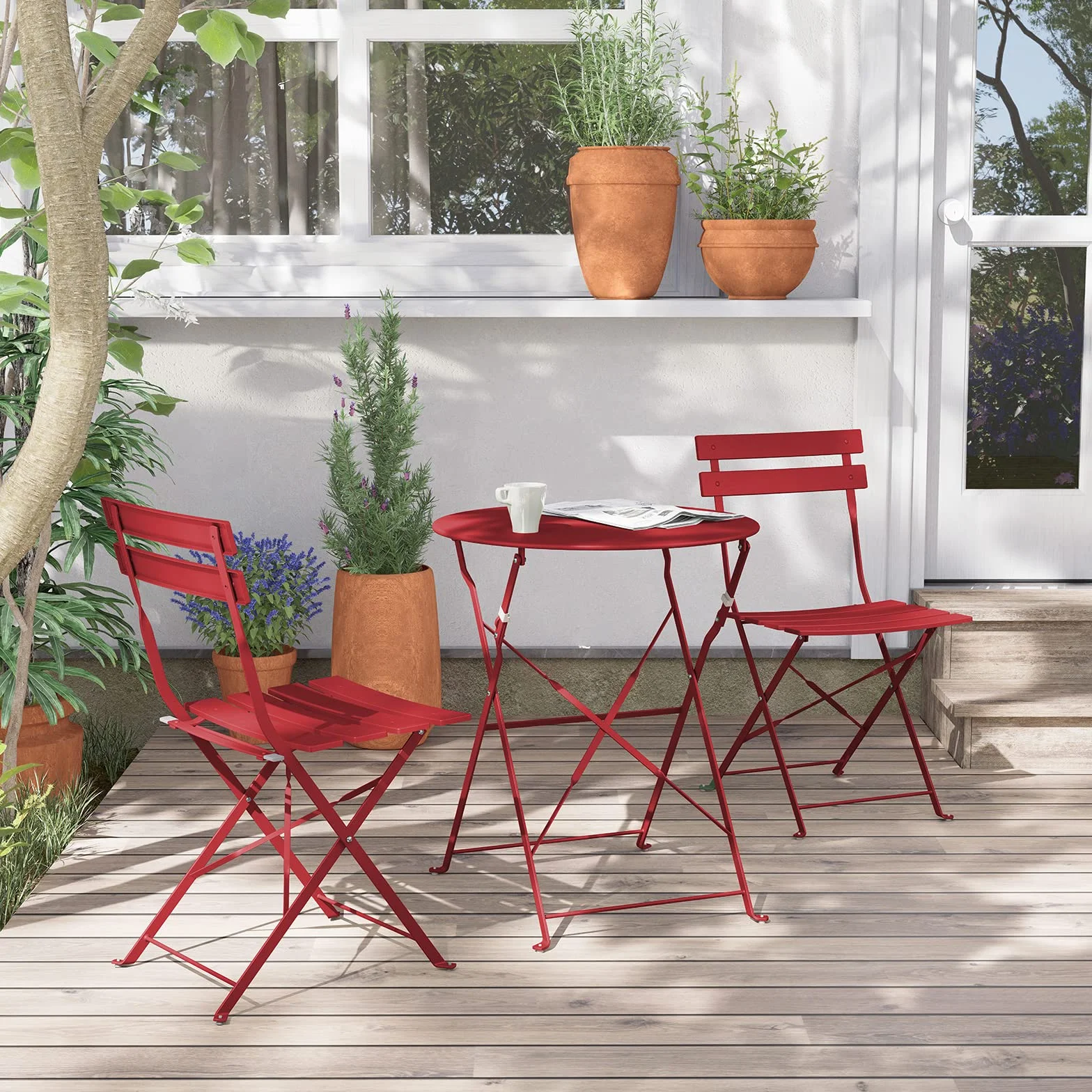 Salon de Jardin Ensemble Table et Chaises Pliables Acier thermolaqué Rouge
