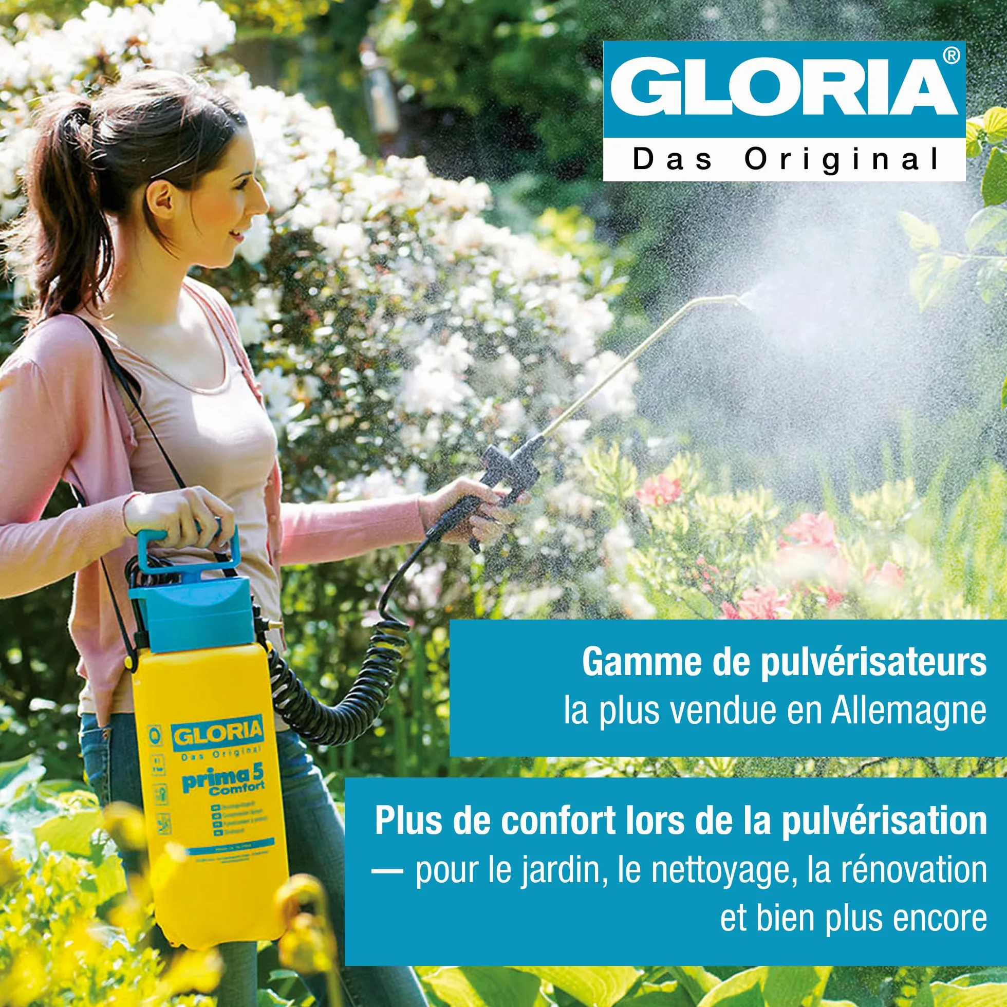 GLORIA Pulvérisateur de Jardin Prima 5 Comfort | Pulvérisateur à Pression 5 L | Tuyau spiralé 2,5 m & raccord compresseur | Désherbage, traitements & Engrais