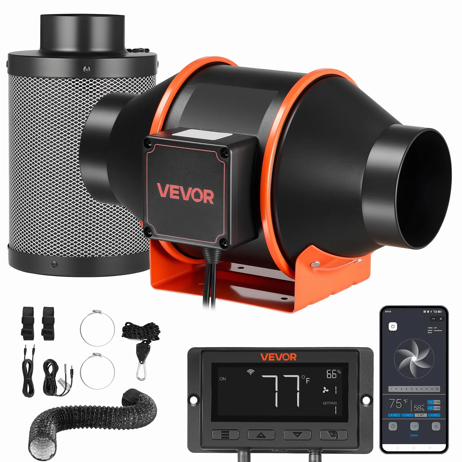 VEVOR Ventilateur de Gaine à Flux Mixte 349 m³/h 101,6 mm Moteur EC 10 Vitesses Contrôle App PWM Minuterie