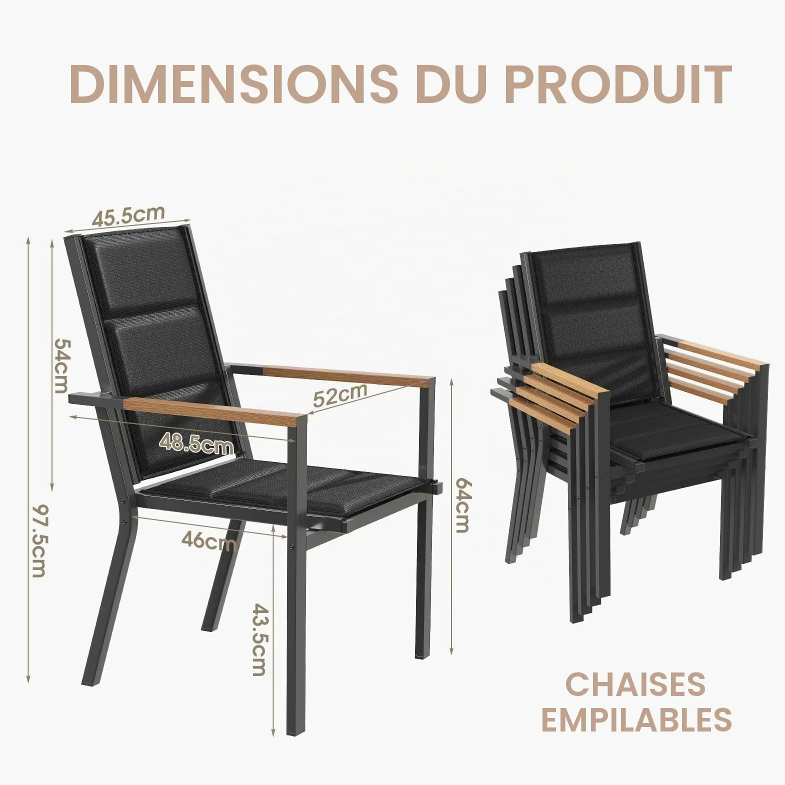 Devoko Ensemble De 2 Chaises De Jardin Exterieur, Chaise De Salle À Manger Empilable en Aluminium, Chaise Fauteuil, pour Le Jardin, La Piscine, La Terrasse, Meubles d'extérieu, Gris Foncé