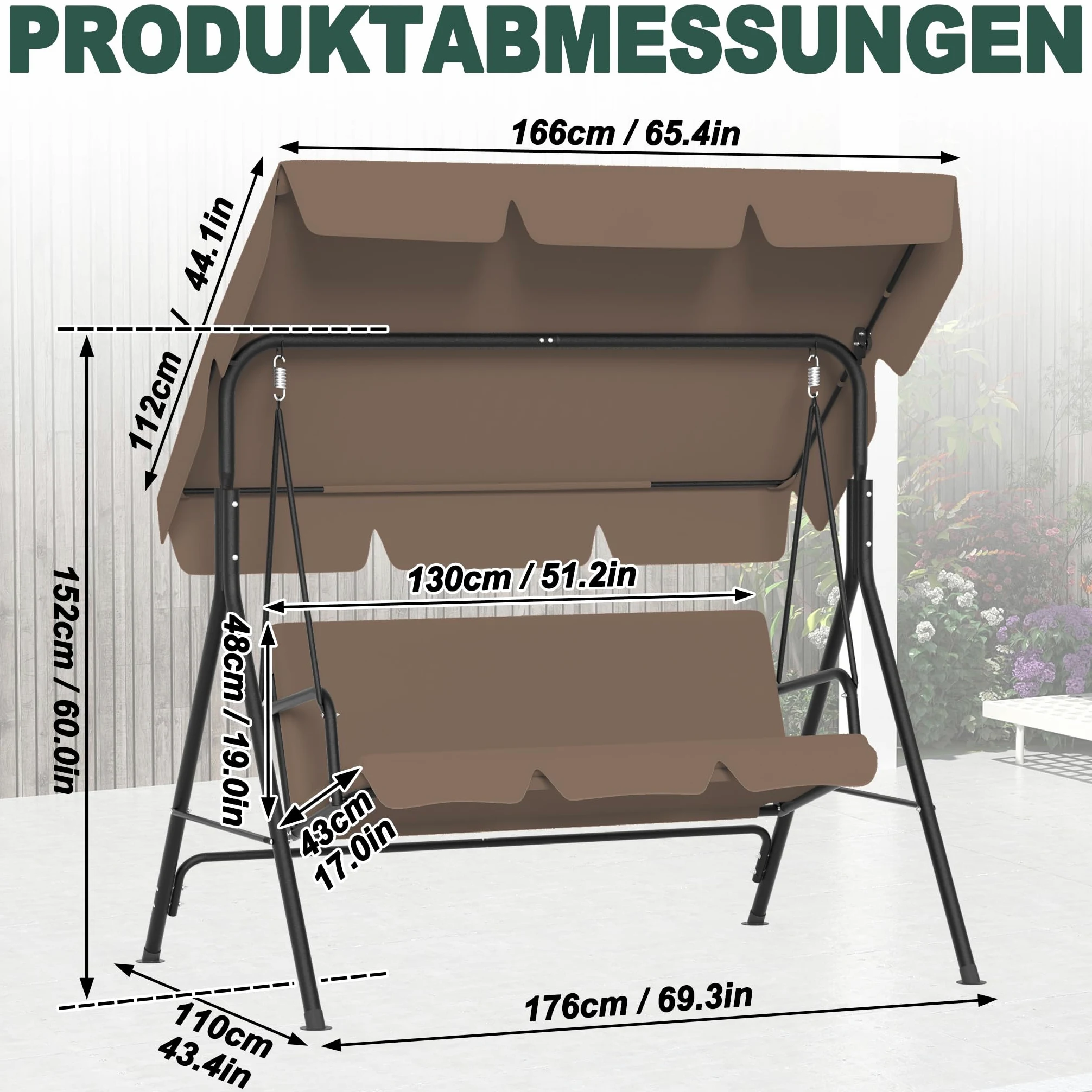 LZQ Balançoire Hollywood 3 places résistante aux intempéries - Avec toit réglable - 176 x 110 x 152 cm - Charge maximale : 200 kg - Pour extérieur, intérieur et extérieur, marron foncé