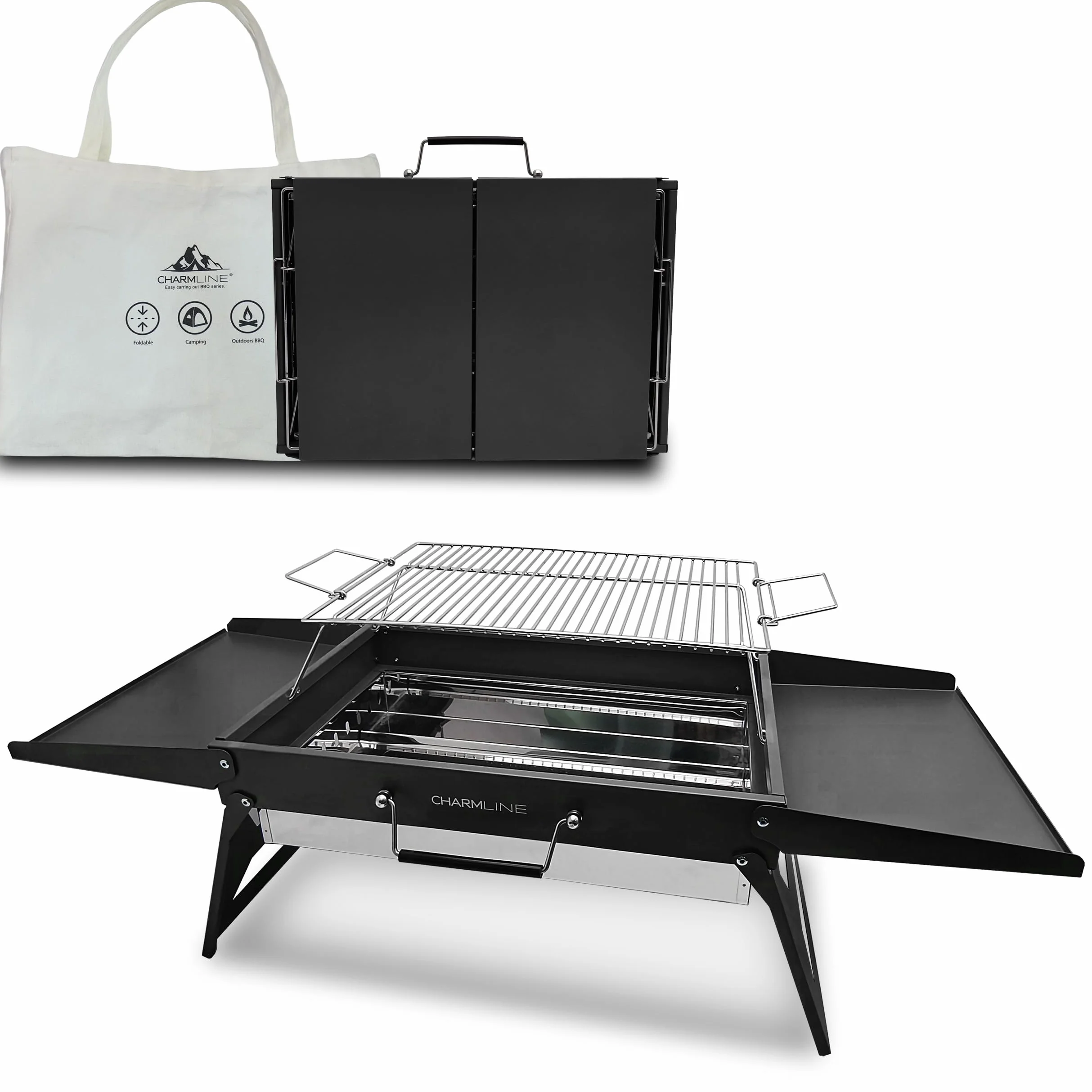 Charmline 47 x 34 cm Barbecue Portable, Gril à Charbon Compact pour 3 à 5 Personnes, Gril à Barbecue pour le Camping, les Pique-Niques, les Jardins et les Fêtes de Plage, Noir