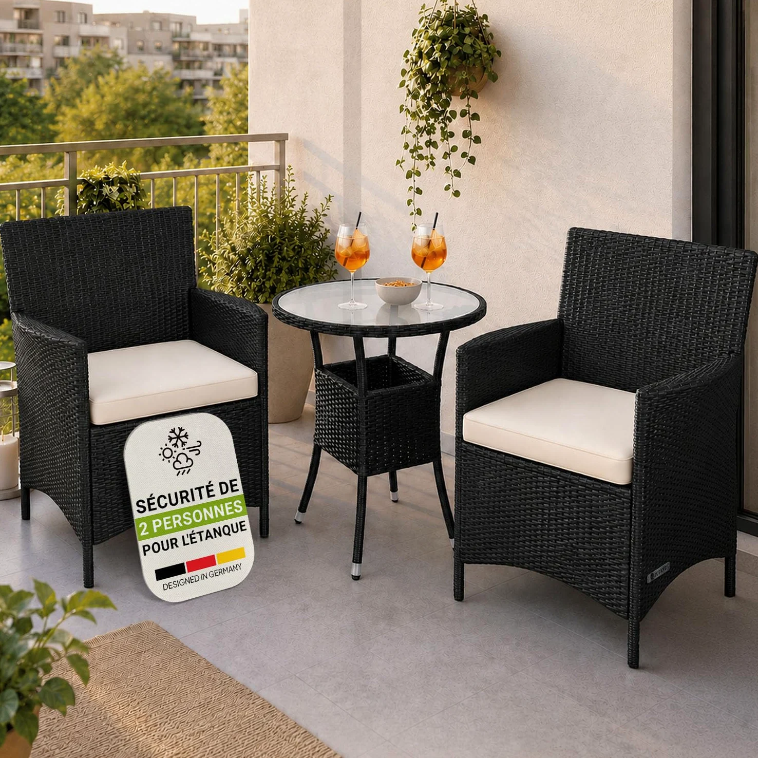Juskys Ensemble de Balcon en rotin synthétique Bayamo 3 pièces – Meubles de Balcon résistant aux intempéries avec Table, 2 chaises et Coussins – Meubles de Jardin pour 2 Personnes – Noir/crème