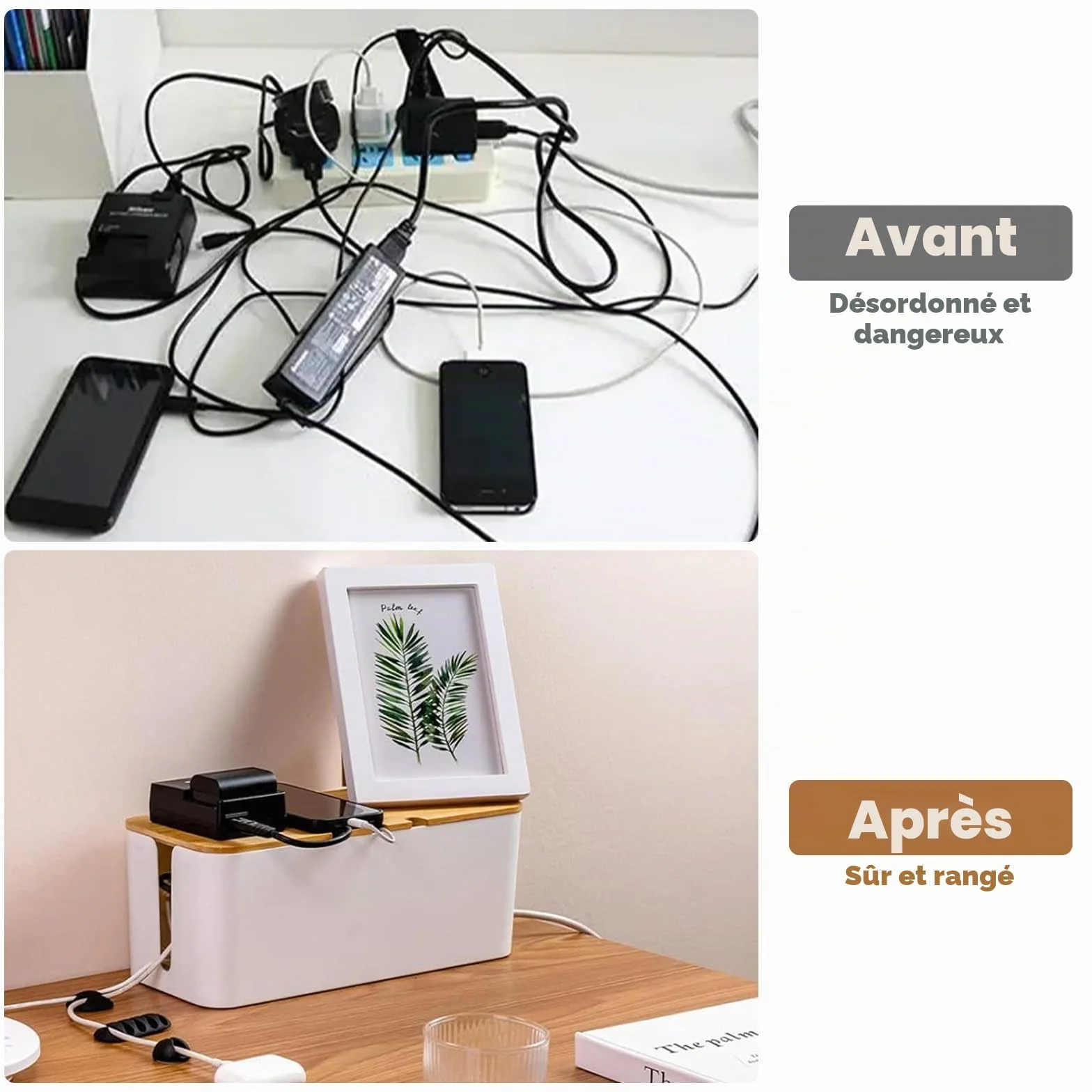 Boite Rangement Cable 3 Pièces avec Couvercle Bois Perforé, Cache Multiprise Electrique Blanc