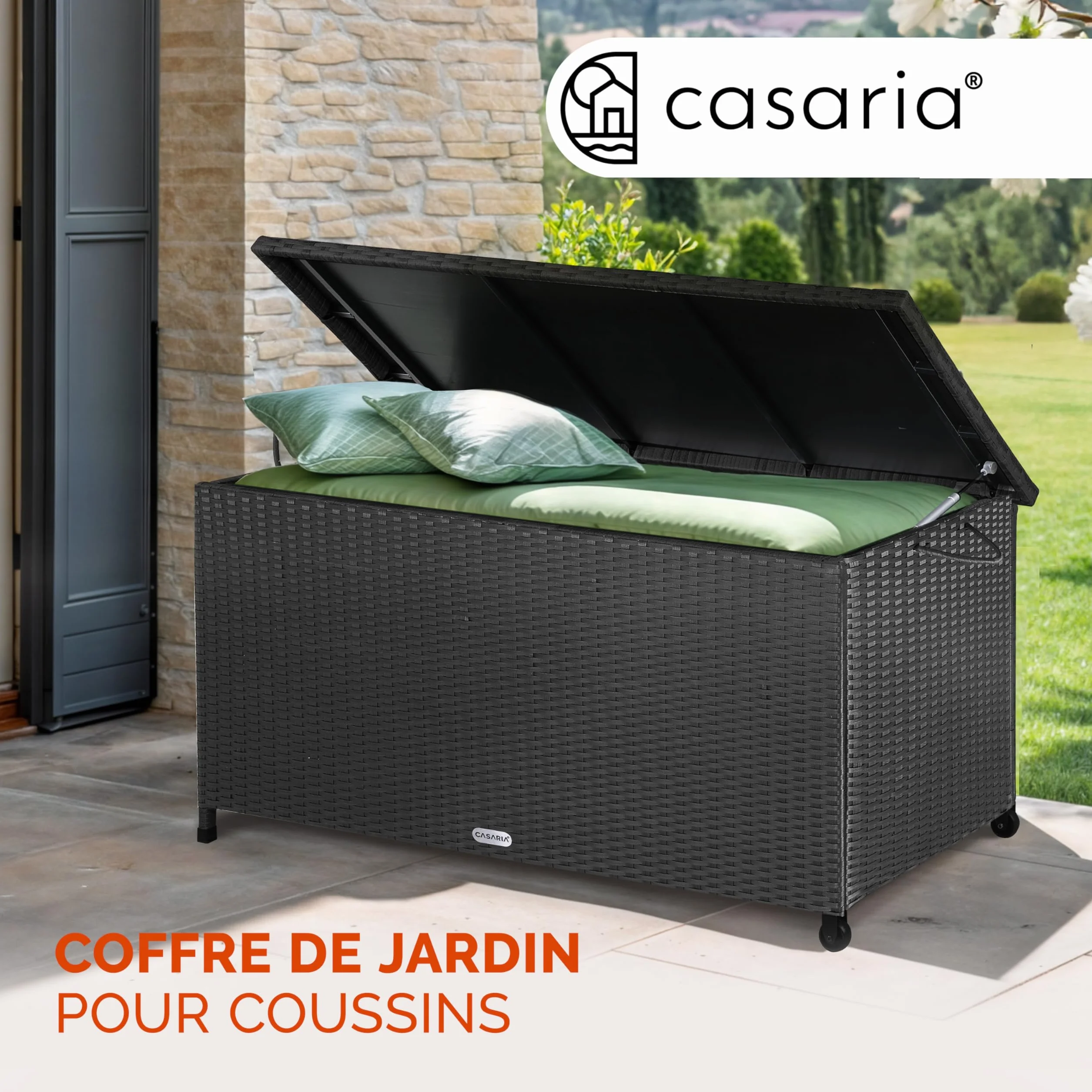 Casaria Coffre de jardin XXL Noir 270 L Polyrotin étanche Vérin à gaz 117x53x60 cm