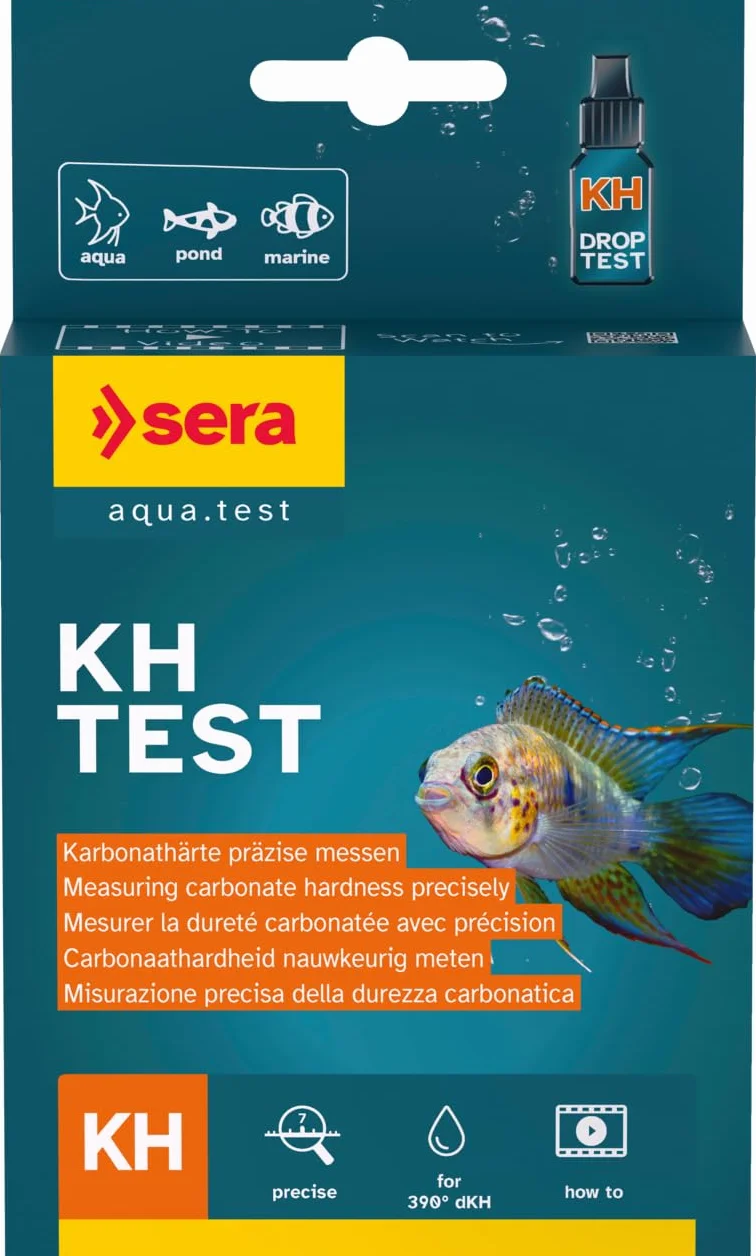 SERA KH Test 15ml | pour Aquarium et Bassin | Mesure de la Dureté Carbonatée pour Stabiliser Le pH | Kit d’Analyse avec Éprouvette, Seringue et Fiche d’Évaluation | Précision Jusqu’à 390 °dKH