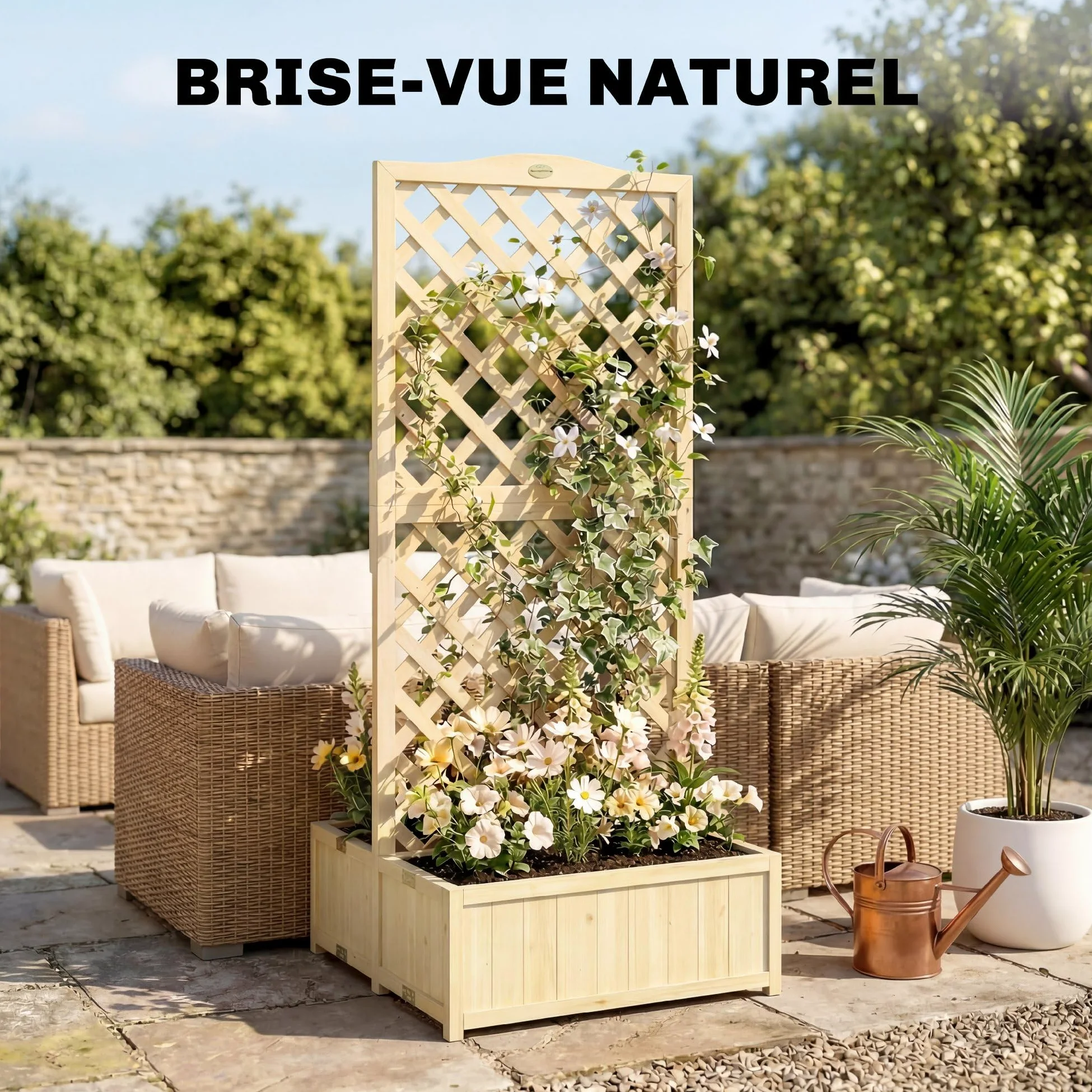 Outsunny Jardinière avec Treillis en Bois Massif - Carré Potager Pliable avec Double Bac à Fleurs - Lit de Jardin 170cm de Haut pour Plantes Grimpantes sur Balcon, Terrasse Brise-Vue, Naturel