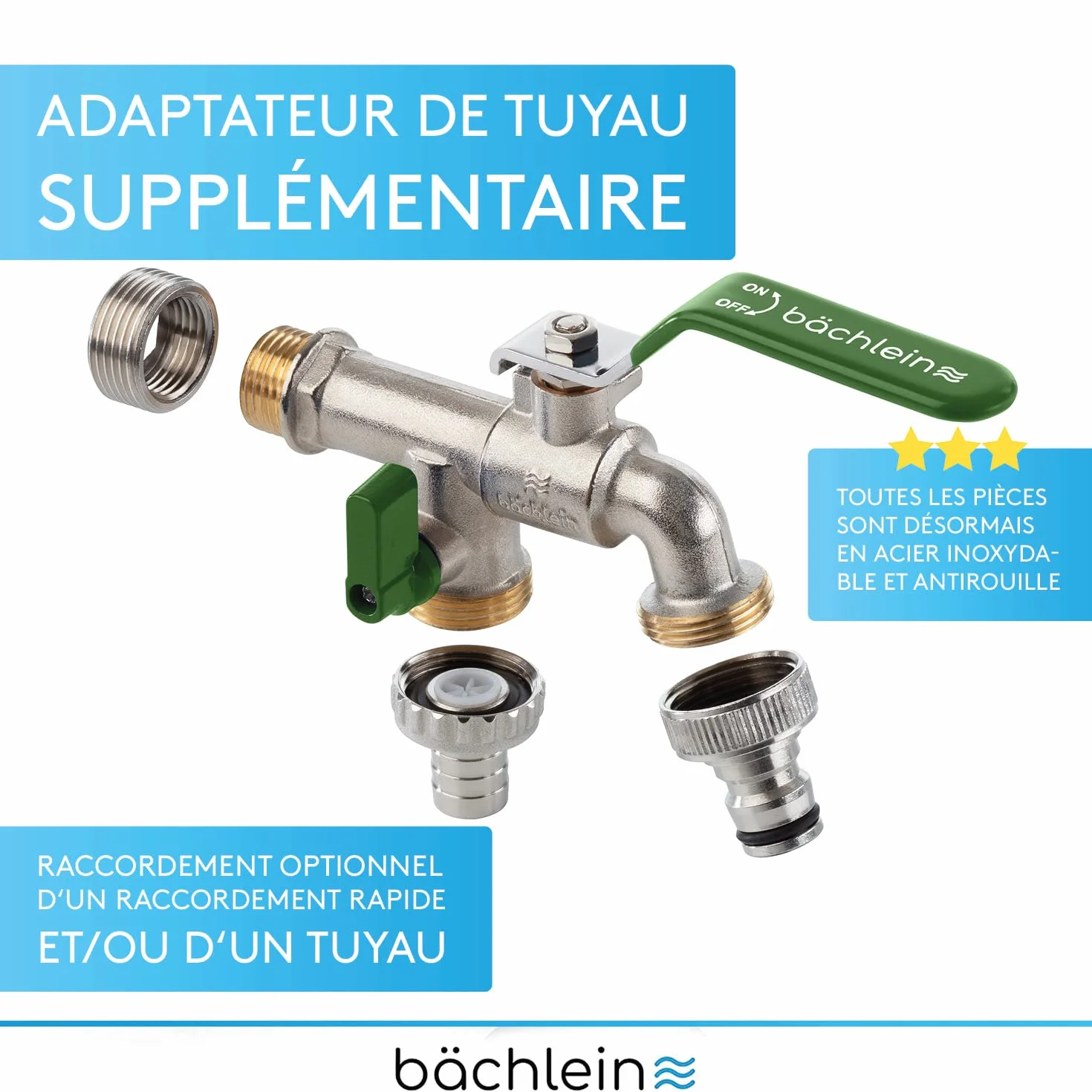 Bächlein Robinet Universel Double Jardin 2 Raccordements Tuyau Boisseau Sphérique 1/2 3/4 Pouces Sortie Extérieur