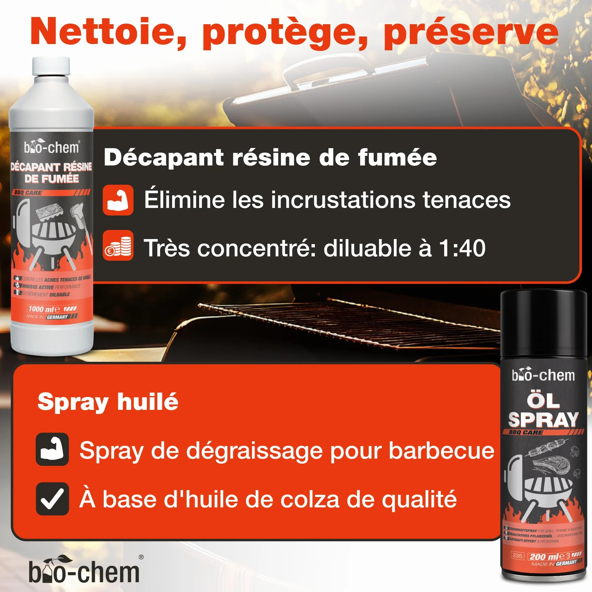 Kit nettoyage barbecue 9 pcs - Décapant résine 0,5L - Nettoyant surfaces bbq 750ml - Produit entretien acier inox 750ml - Spray d’huile 200ml