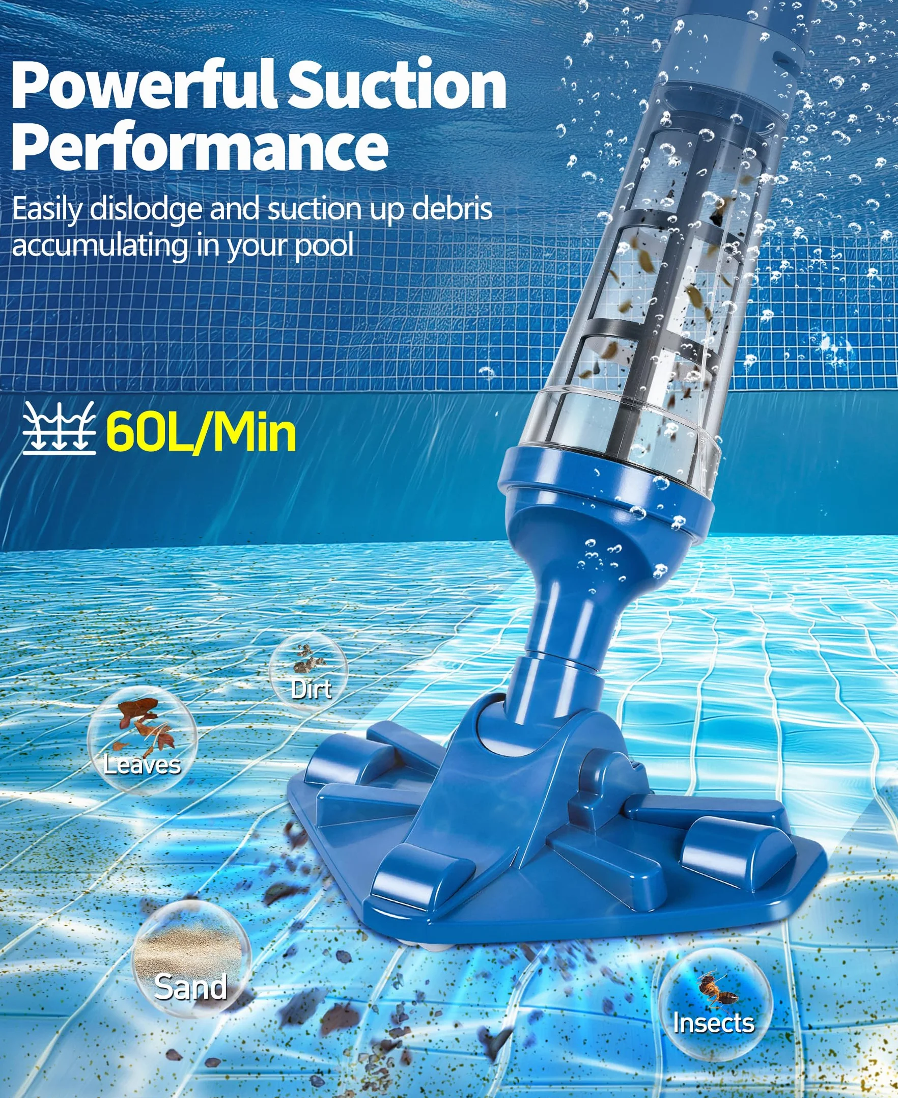 PoolLeader Aspirateur Piscine sans Fil 60L/Min 2.13M Balai avec Capteur d'eau 2 Têtes Nettoyage Autonomie 90min