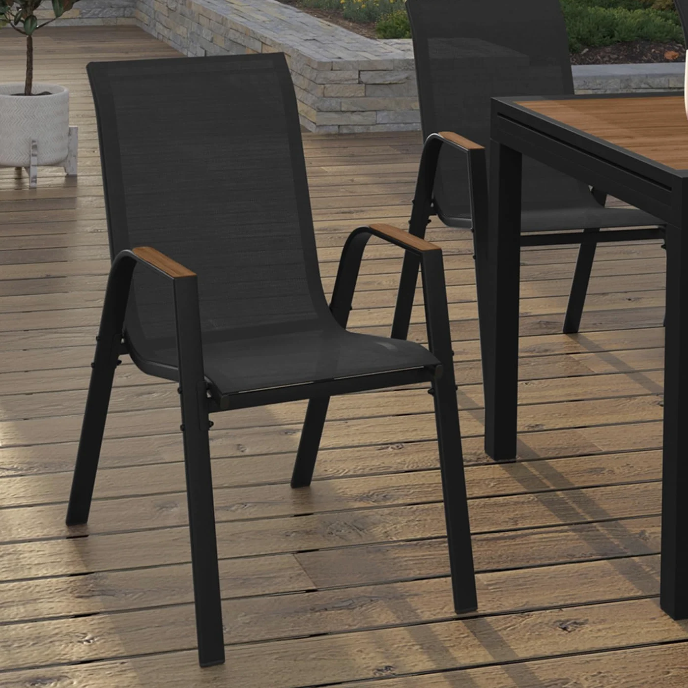 IDMarket - Lot de 6 chaises de Jardin NOUMEA métal et textilène empilables Noir et Bois