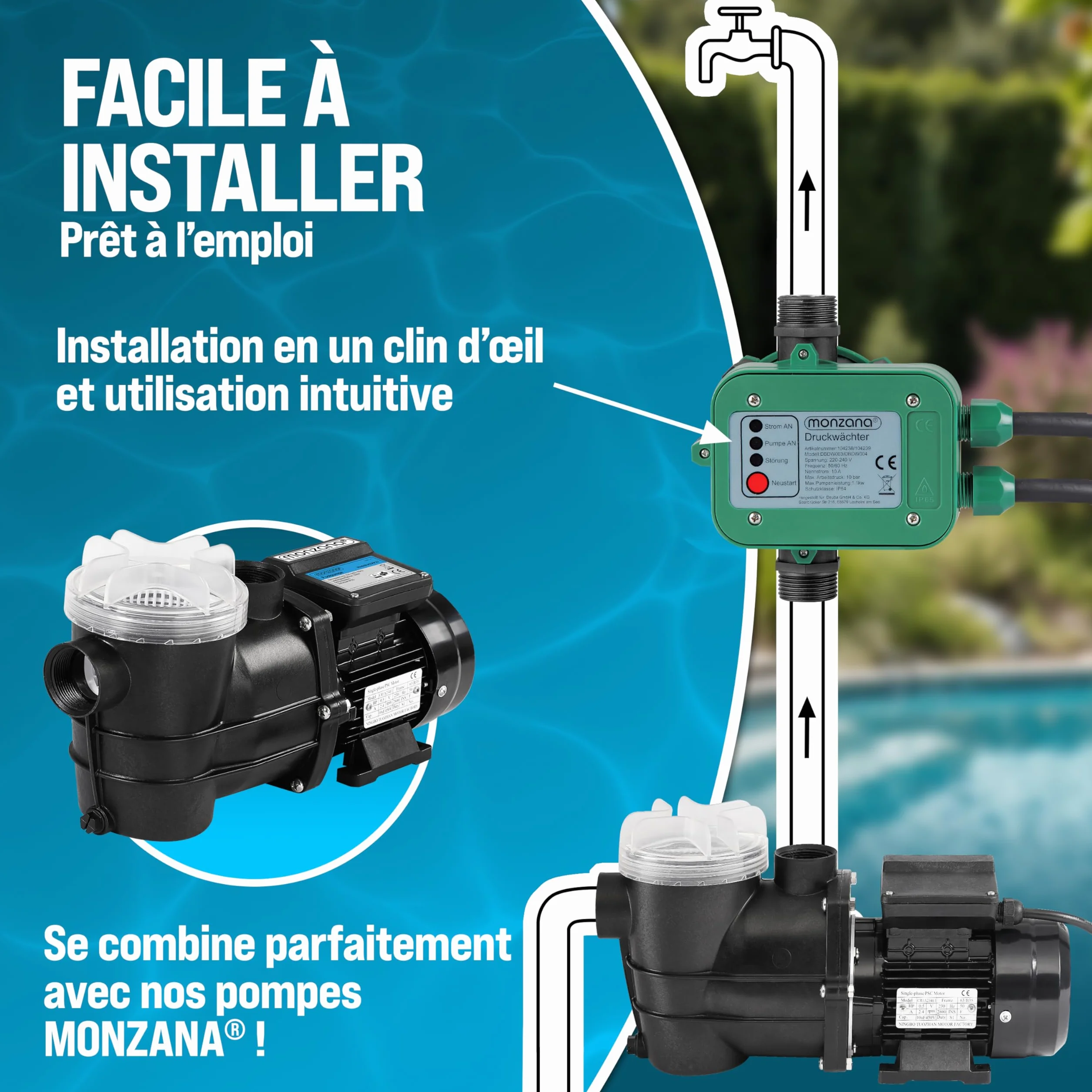 MONZANA Pressostat pompe eau 10 bar protection fonctionnement à sec contrôleur pression