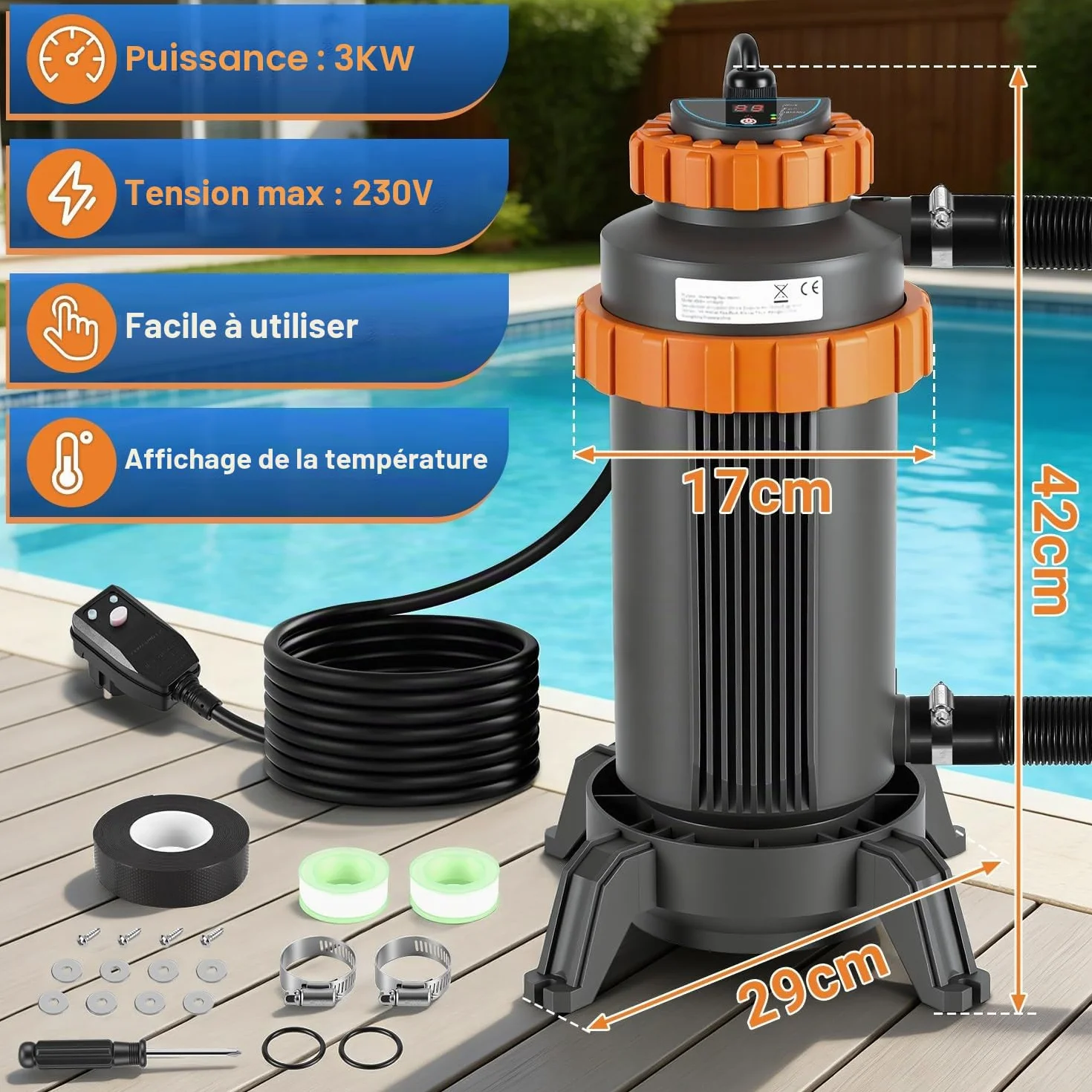 Chauffage de piscine électrique 3 kW avec affichage numérique et protection de sécurité 4 positions, raccord 32-38 mm, chauffe jusqu'à 45 °C, accessoires piscine hors sol