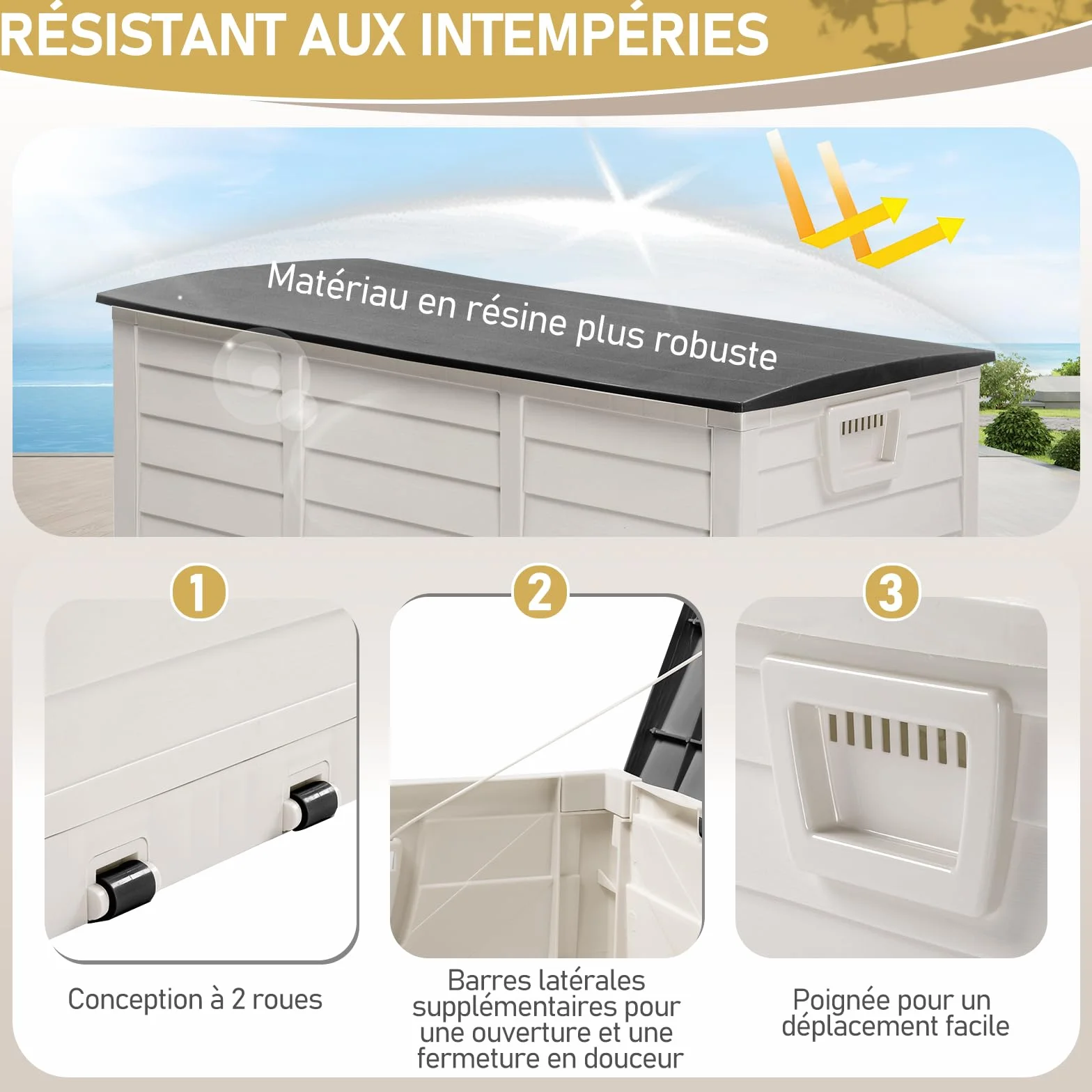 Coffre de jardin extérieur pliable 284 L imperméable résistant aux UV avec poignées et roues Noir et blanc