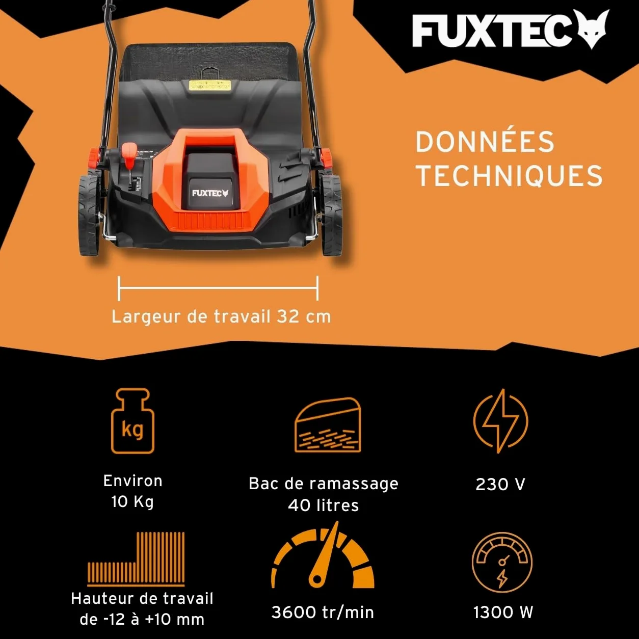 Scarificateur électrique FUXTEC, aérateur de gazon avec 1300 watts de puissance, largeur de travail 32 cm et réglages de profondeur de -12 à +10 mm, bac de ramassage 40 L