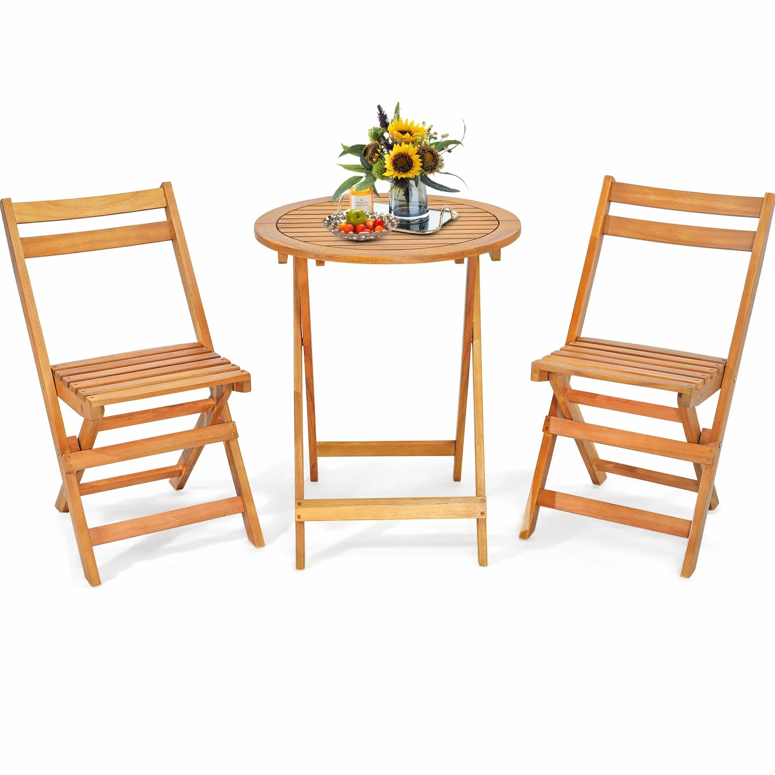 Giantex Table de Jardin Exterieur avec Chaise, 1 Table Ronde et 2 Chaises Bois d'Acacia avec Dossiers, Ensemble Meuble Extérieur, Salon de Jardin 2 Personnes, Table et Chasie Pliantes pour Balcon