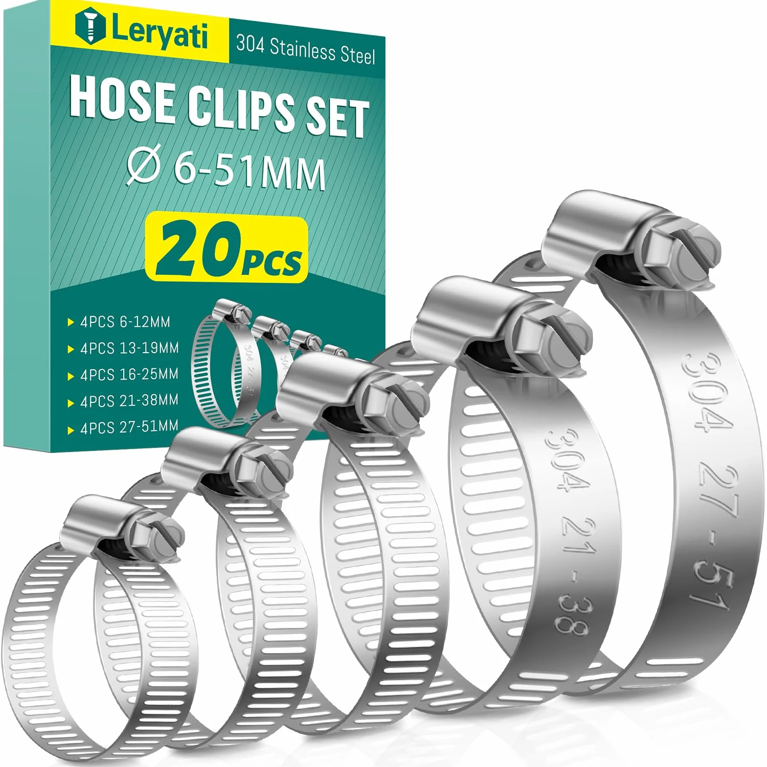 Leryati 304 Collier de Serrage Inox Set 6-51mm, Collier Serrage Métallique Réglable pour Piscine Machine à Laver Jardin