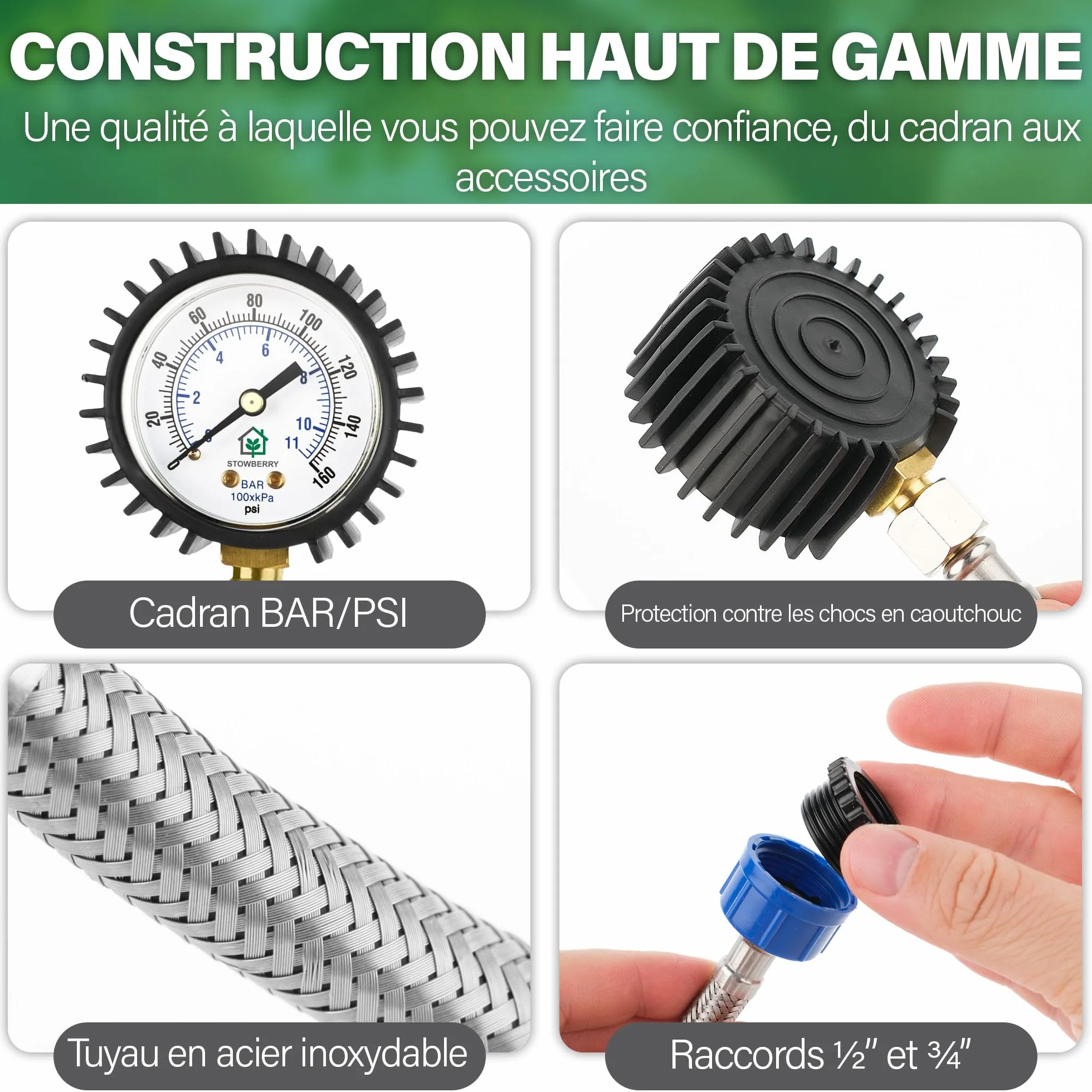 Manomètre de pression d'eau réseau 0-11 bar 0-160 PSI avec connecteur pour robinet de tuyau