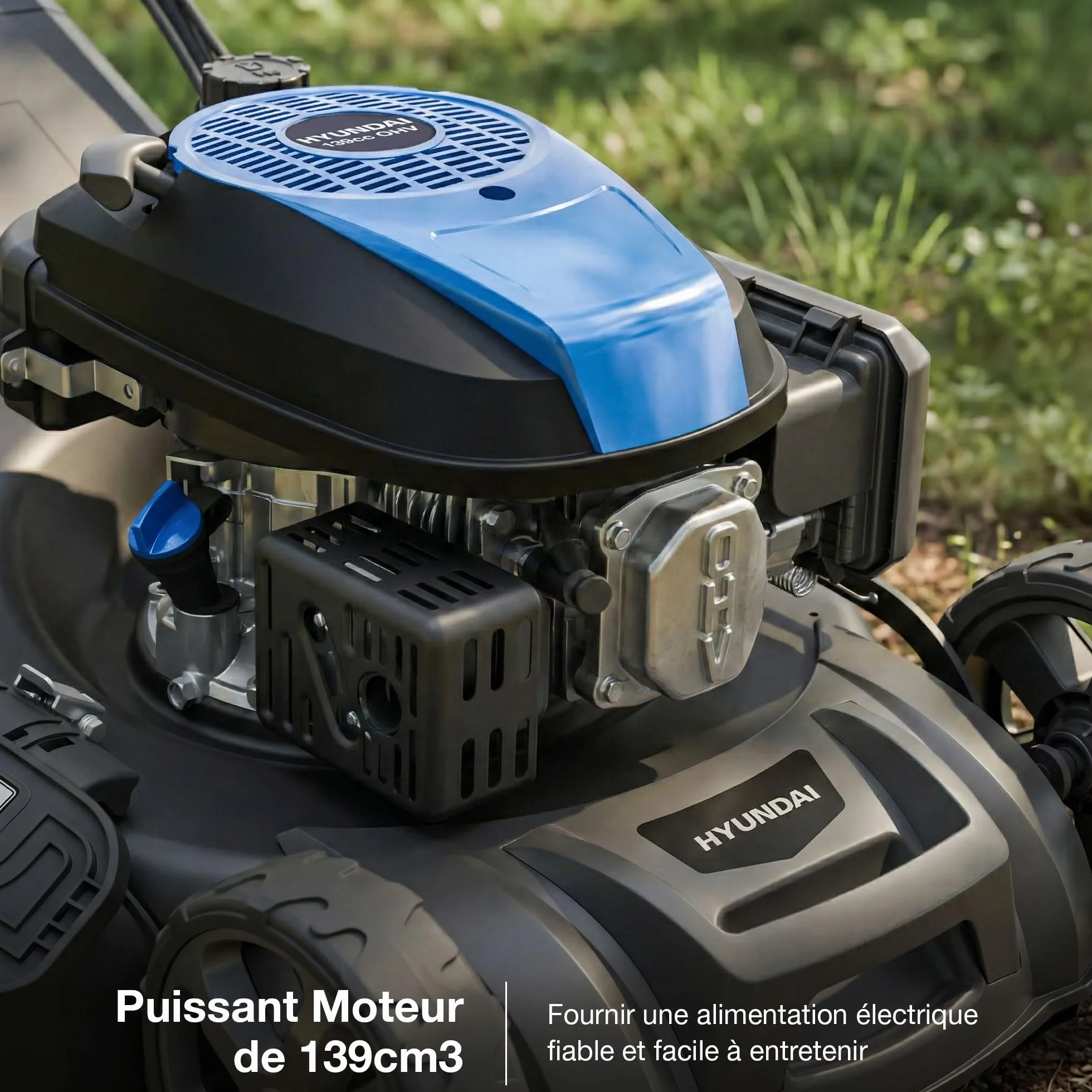 Hyundai Tondeuse à Gazon Thermique Autotractée 46 cm 139 cm3 3,7 CV 4 Temps Bac 60 L Coupe 4-en-1 Mulching Carter Acier HYM18150SPX