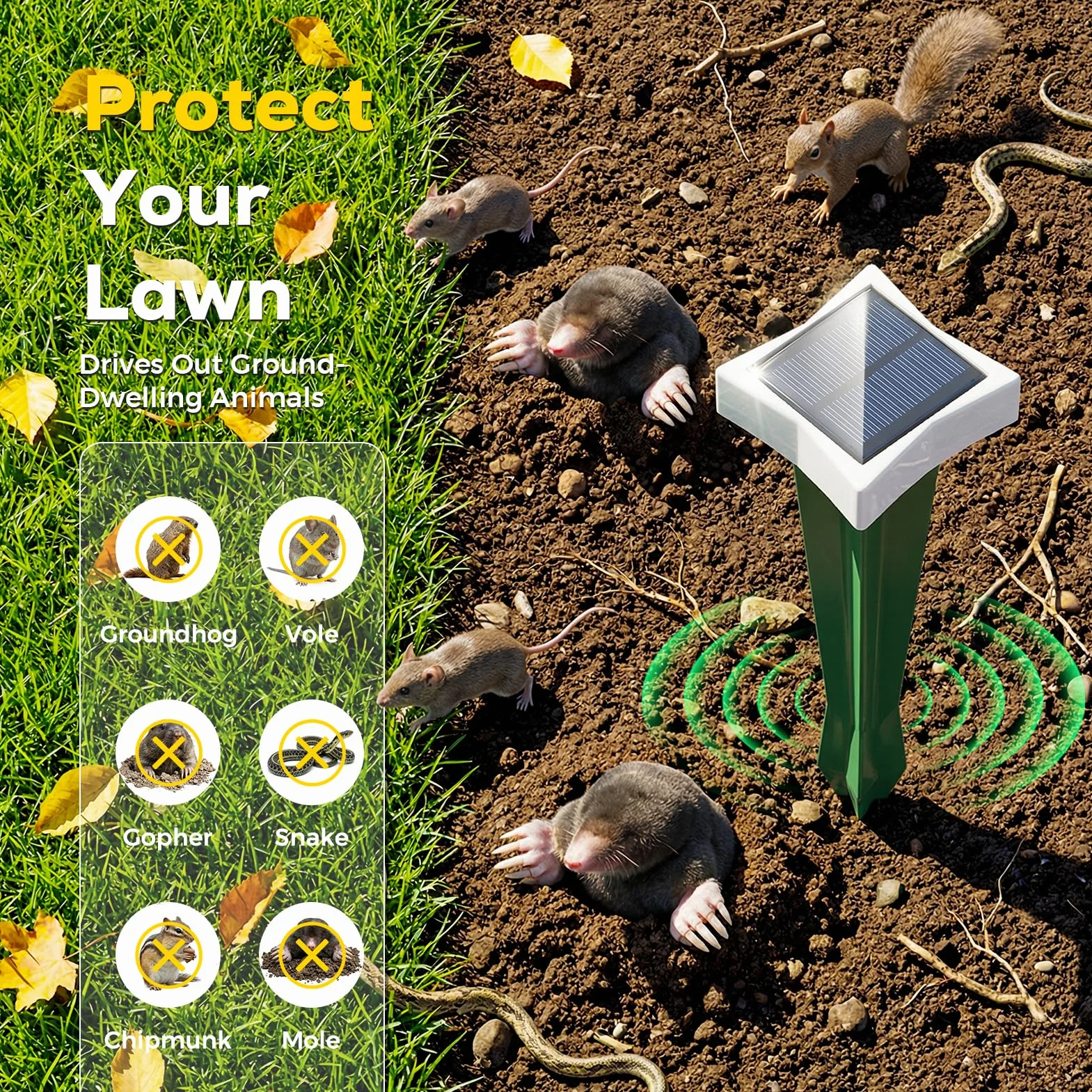 Anti Taupe Solaire avec LED et 3 Modes, 2/4 pièce Piege A Taupe pour Jardin, Large portée et Protection Contre l'eau Repulsifs Ultrasons pour Taupes, Rats, Serpents (2, Vert)