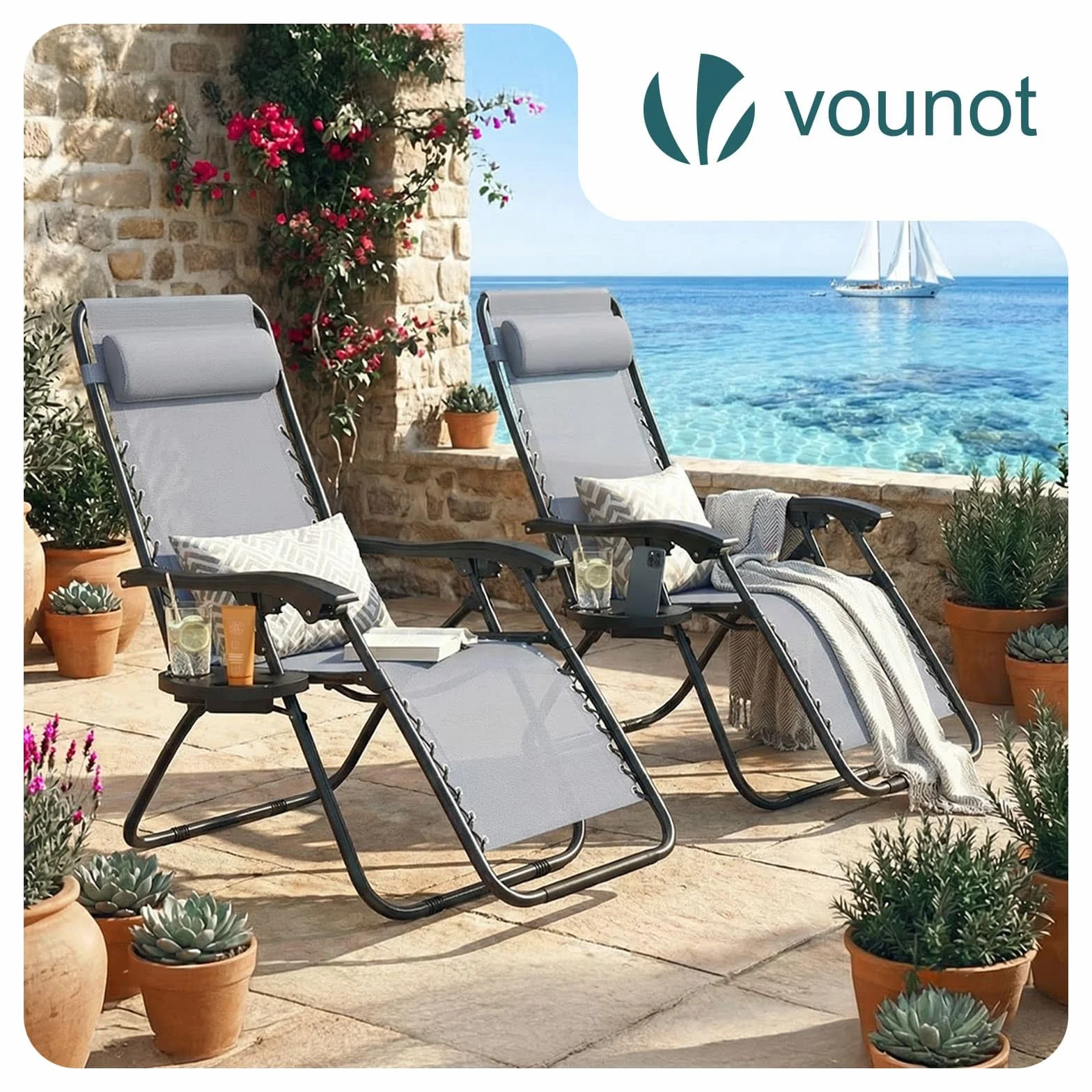 Chaise Longue Pliable Lot de 2 avec Support de Gobelet Amovible Rembourrage de Tête Charge Max 120KG Gris