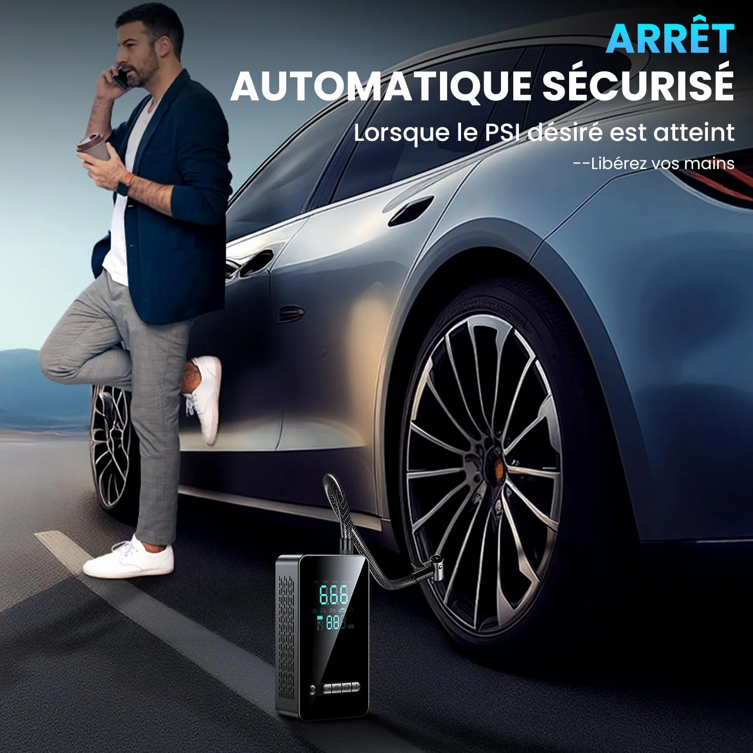 Gonfleur Pneus Voiture Sans Fil 150 PSI Compresseur Air Portatif Batterie Rechargeable