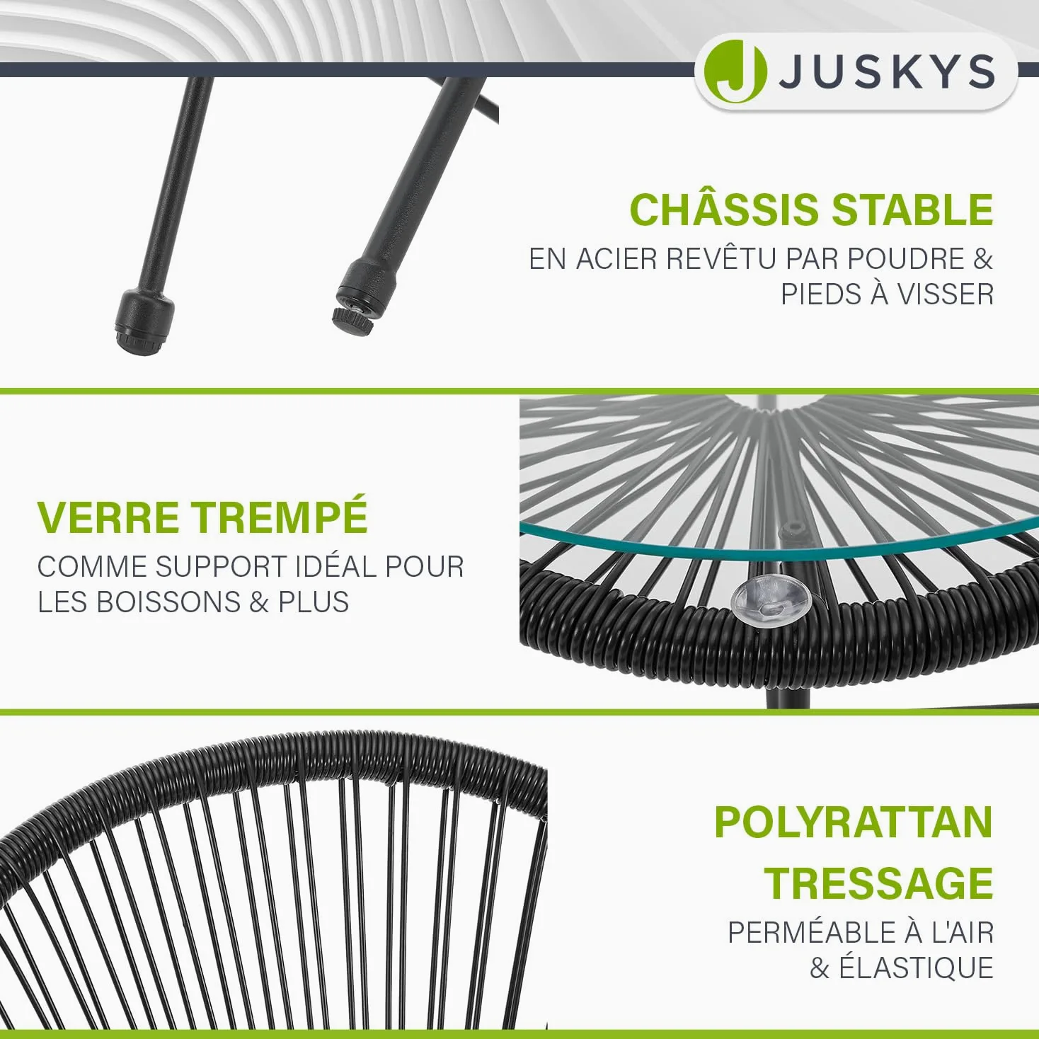 Juskys Ensemble de Meubles de Balcon Ostana en 3 Parties - Table et 2 fauteuils - Groupe de sièges élégant pour Balcon, terrasse et Jardin - Ensemble de Meubles de Jardin pour Balcon Noir