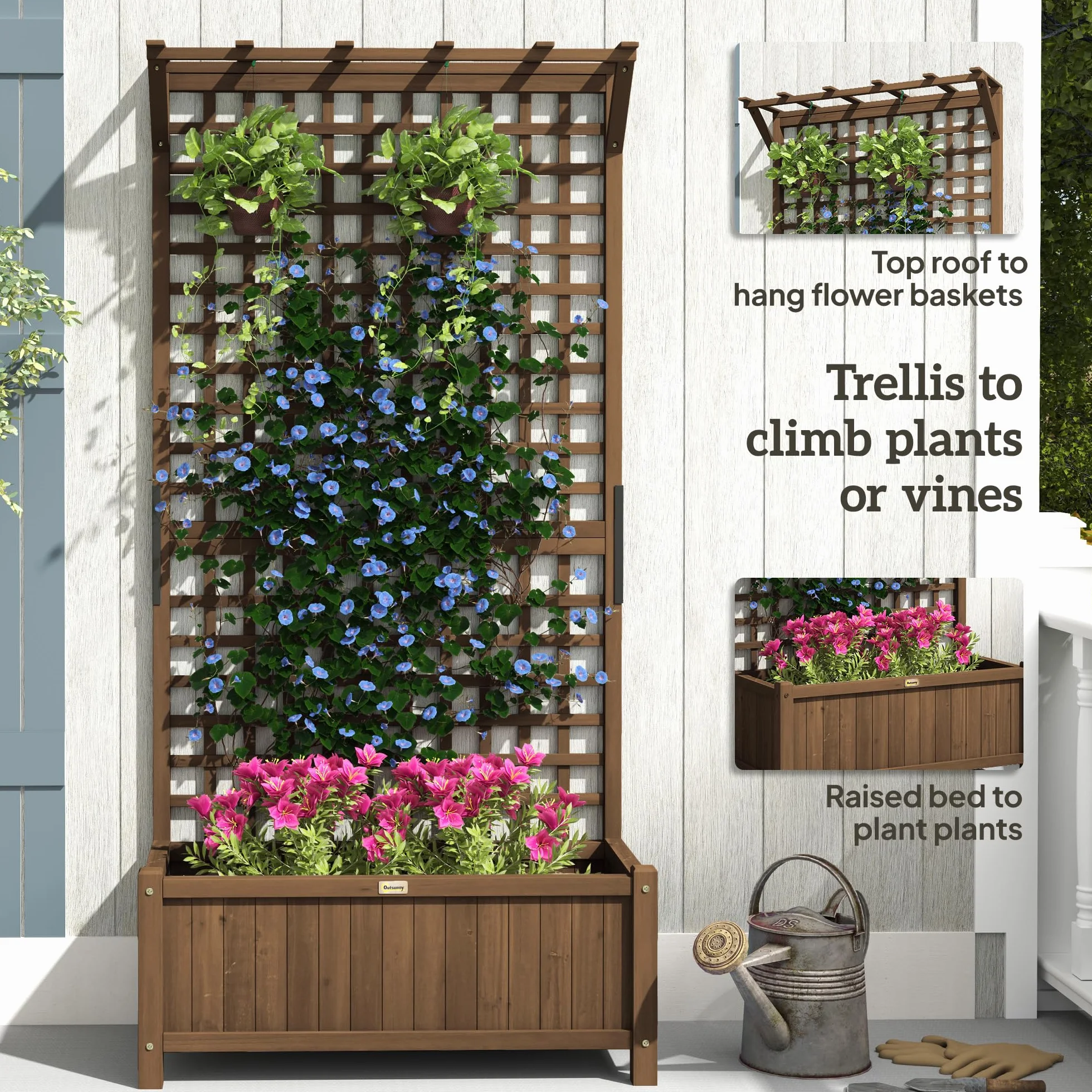 Outsunny Jardinière en Bois Treillis Plantes Grimpantes Plate-Bande Surélevée Trous Drainage