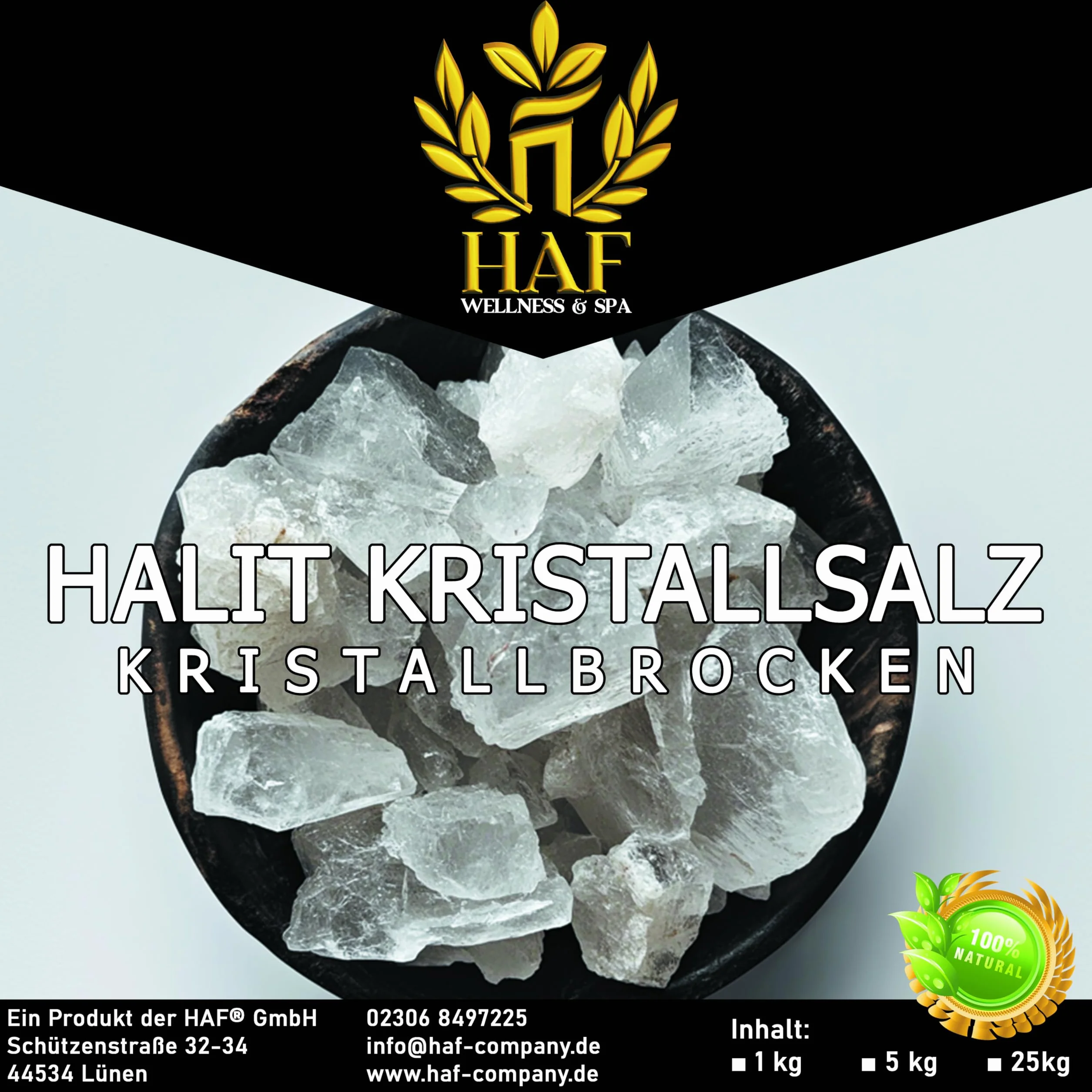 HAF® Halit Morceaux de sel blanc 1 kg | Gros morceaux de sel gemme sans additifs | Taille 2-5 cm