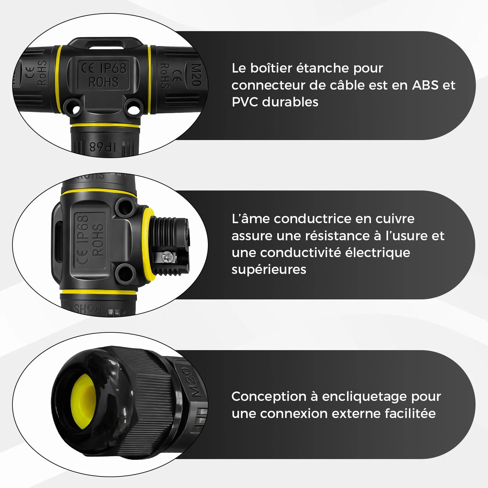 Connecteurs de câble étanches 3 broches IP68 Lot de 4 - Manchon de connexion diamètre 5-12 mm - Boîte de jonction en saillie
