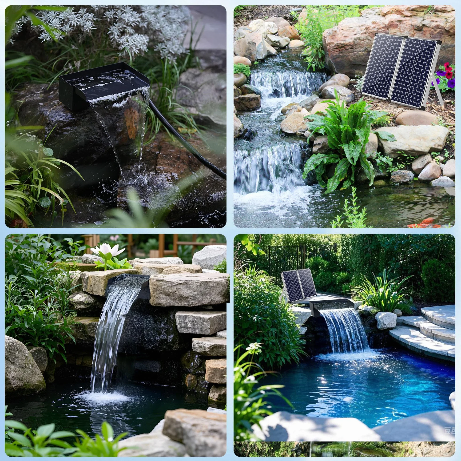Kit de cascade solaire pour bassin 70 W 30 cm acier inoxydable pompe à trop-plein