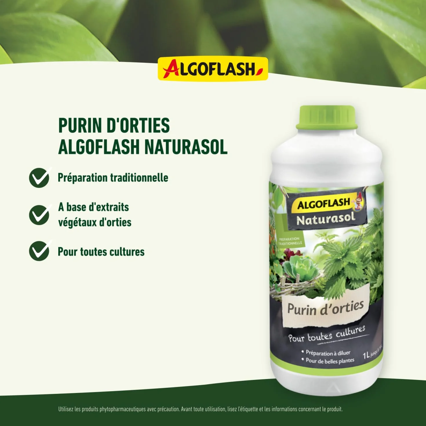 ALGOFLASH NATURASOL Purin d'orties liquide, Jusqu'à 20 L, Bouchon doseur inclus, 1L, ALPURIN, Vert
