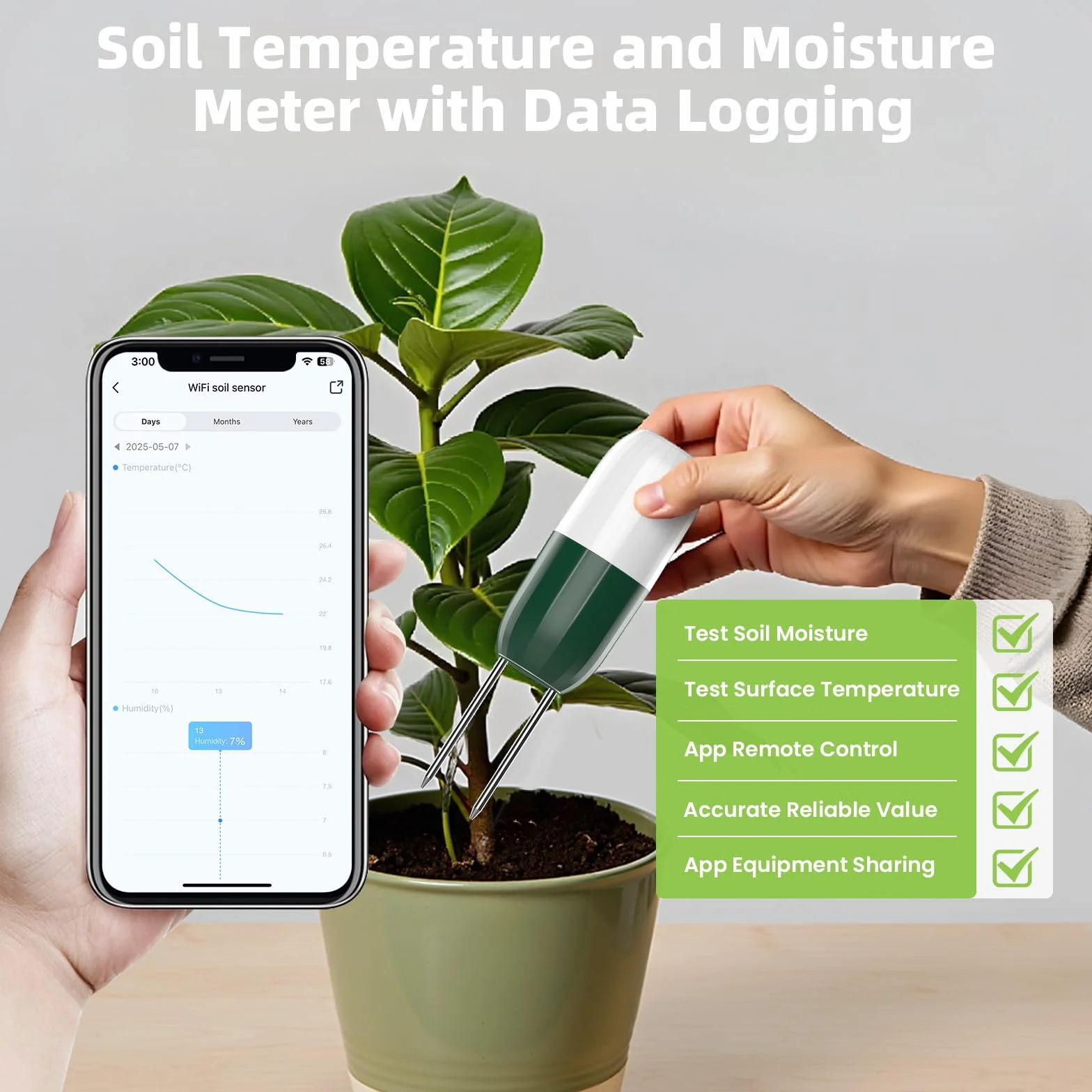 Humidimètre pour plantes Xtsuen, capteur d'humidité du sol sans fil Wi-Fi 2 en 1