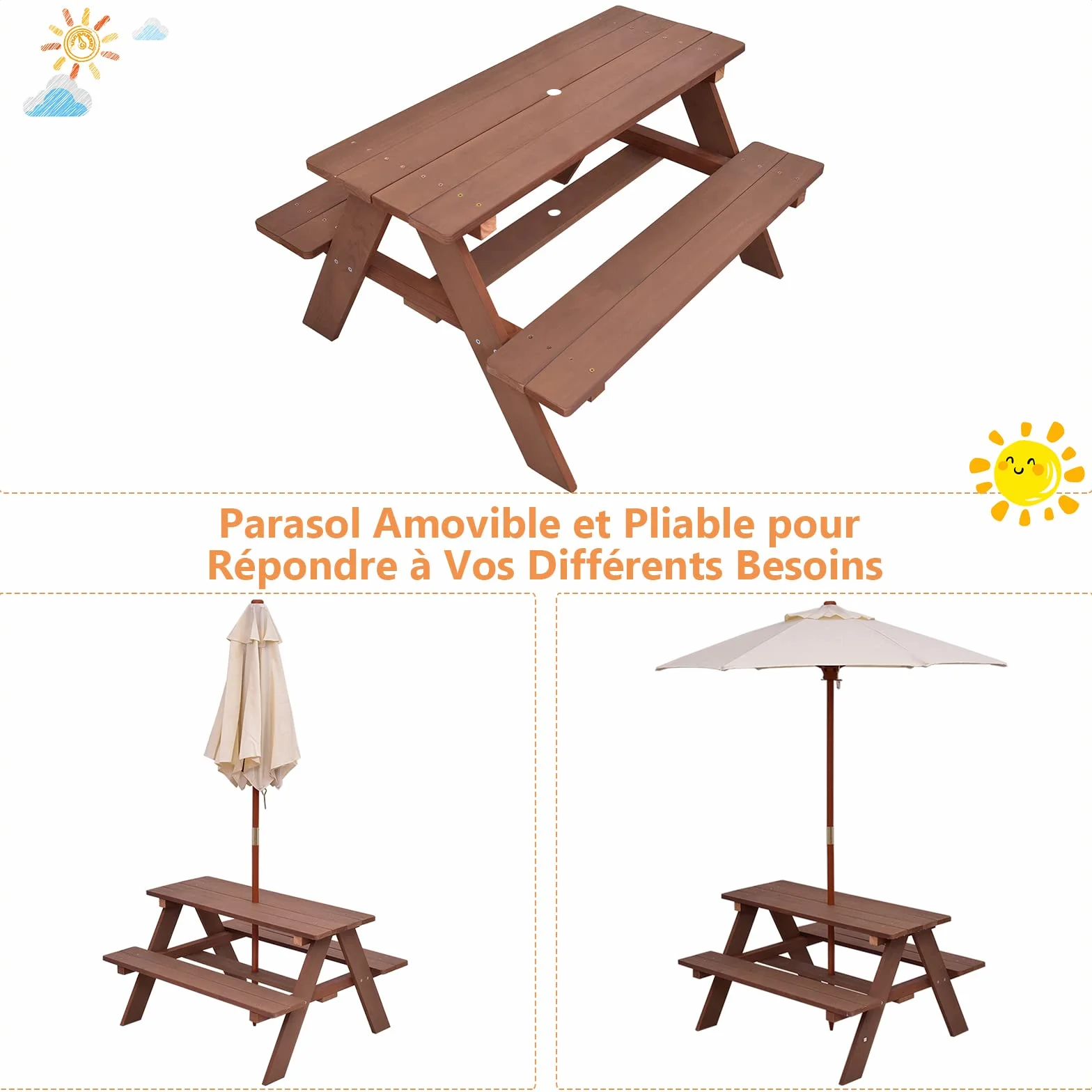 COSTWAY Table de Pique-Nique Enfants avec Parasol Amovible, Bois, 89x79x175cm