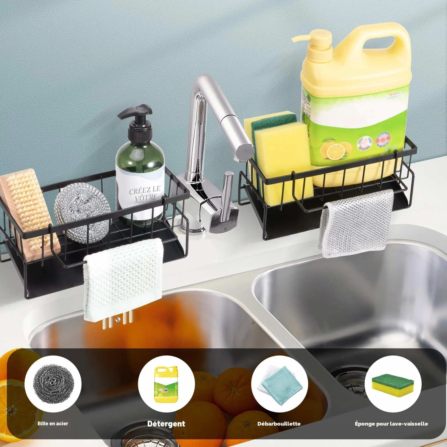 Support d'évier de cuisine en acier inoxydable avec vidange automatique, porte-serviettes et porte-éponge