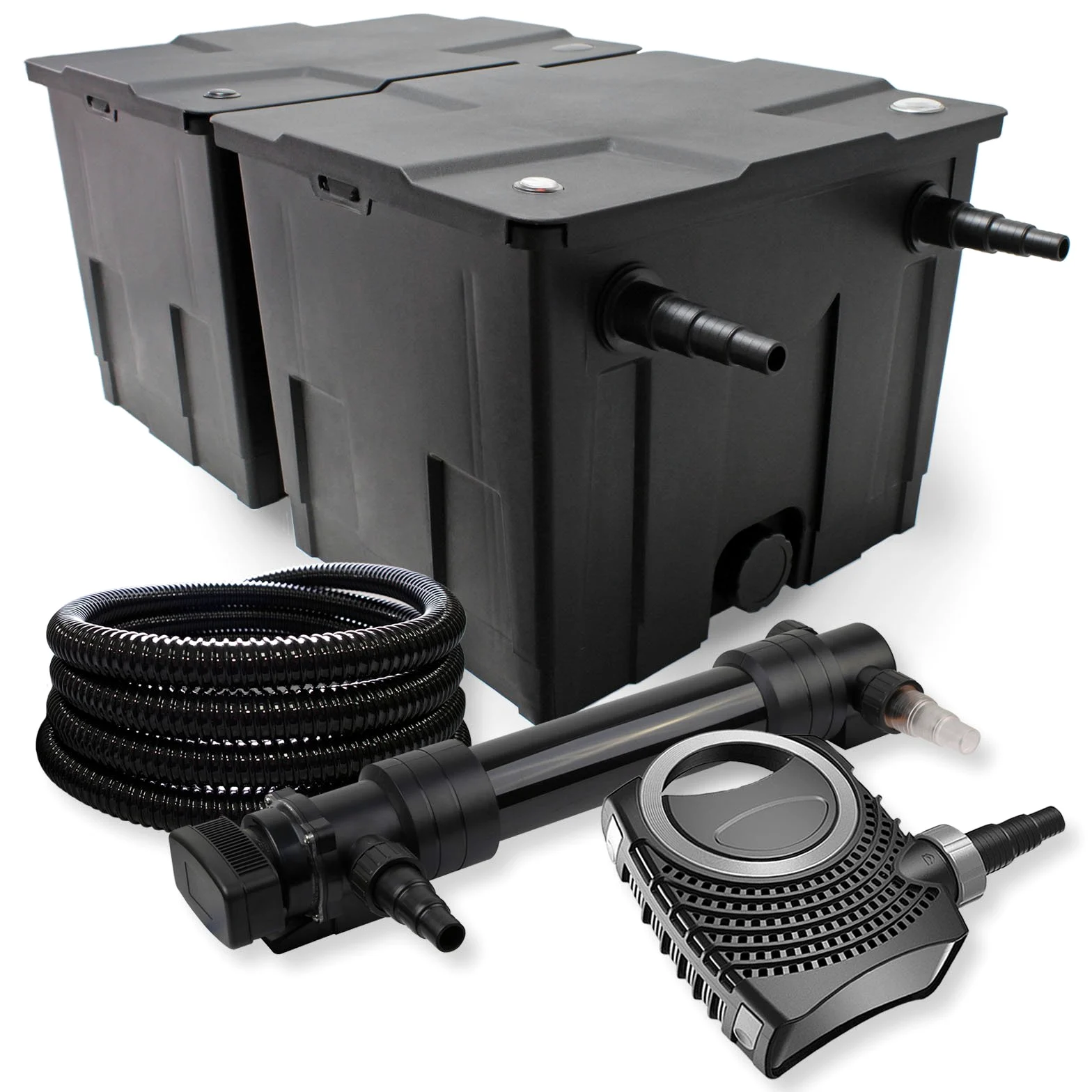 SunSun Kit complet: CBF-350B Filtre de bassin jusqu'à 60000 L Biologique, CTF-8000 SuperECO pompe de filtration 8000l/h 70W, CUV-636 lampe uv UVC Clarificateur avec 36W, 25m Tuyau 25 mm