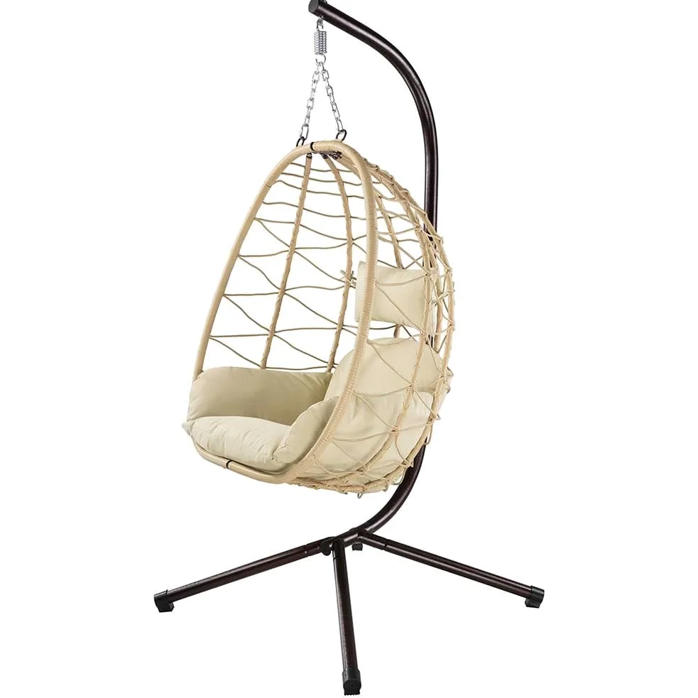 Bakaji Fauteuil Suspendu de Jardin, Chaise balançoire hamac d'extérieur Structure en métal nid en rotin et Corde + Coussin rembourré et appuie-tête Design Moderne 198 x 110 x 95 cm (Beige)