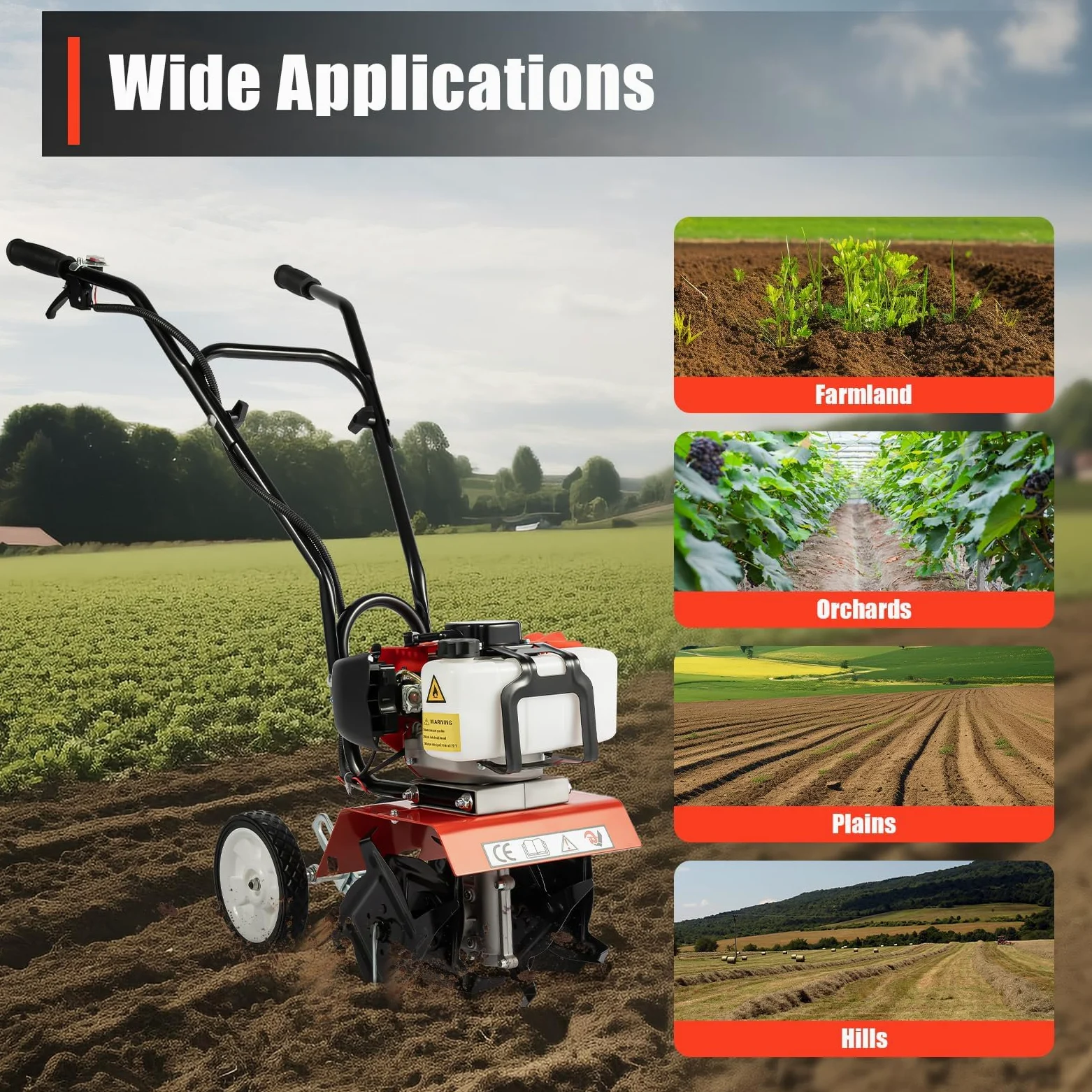 Motoculteur Thermique 52cc 1700W, Motobineuse Puissante à 2 Temps, Largeur de Travail 30cm Profondeur 12cm, Léger et Durable avec Lames en Acier au Manganèse, Idéal pour Jardin
