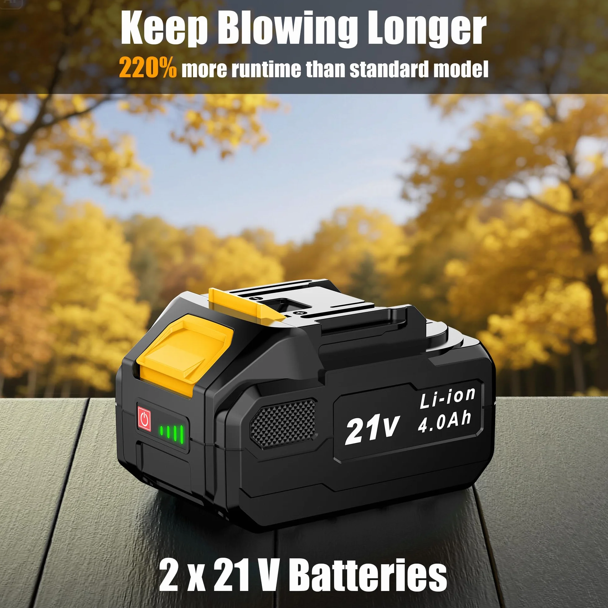Souffleur de Feuilles sans Fil 21V, 2 Batteries 4,0Ah, 3 Vitesses