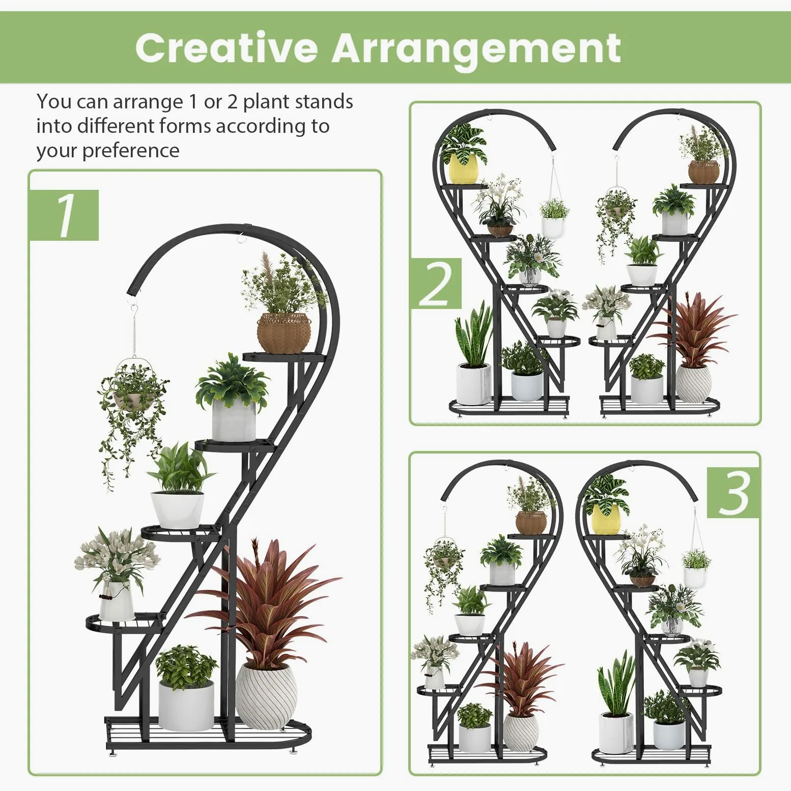 HOMASIS Support pour plantes à 5 étages en métal en forme de cœur - Avec crochets - Pour l'intérieur et l'extérieur - Pour salon, jardin, balcon, terrasse - Noir