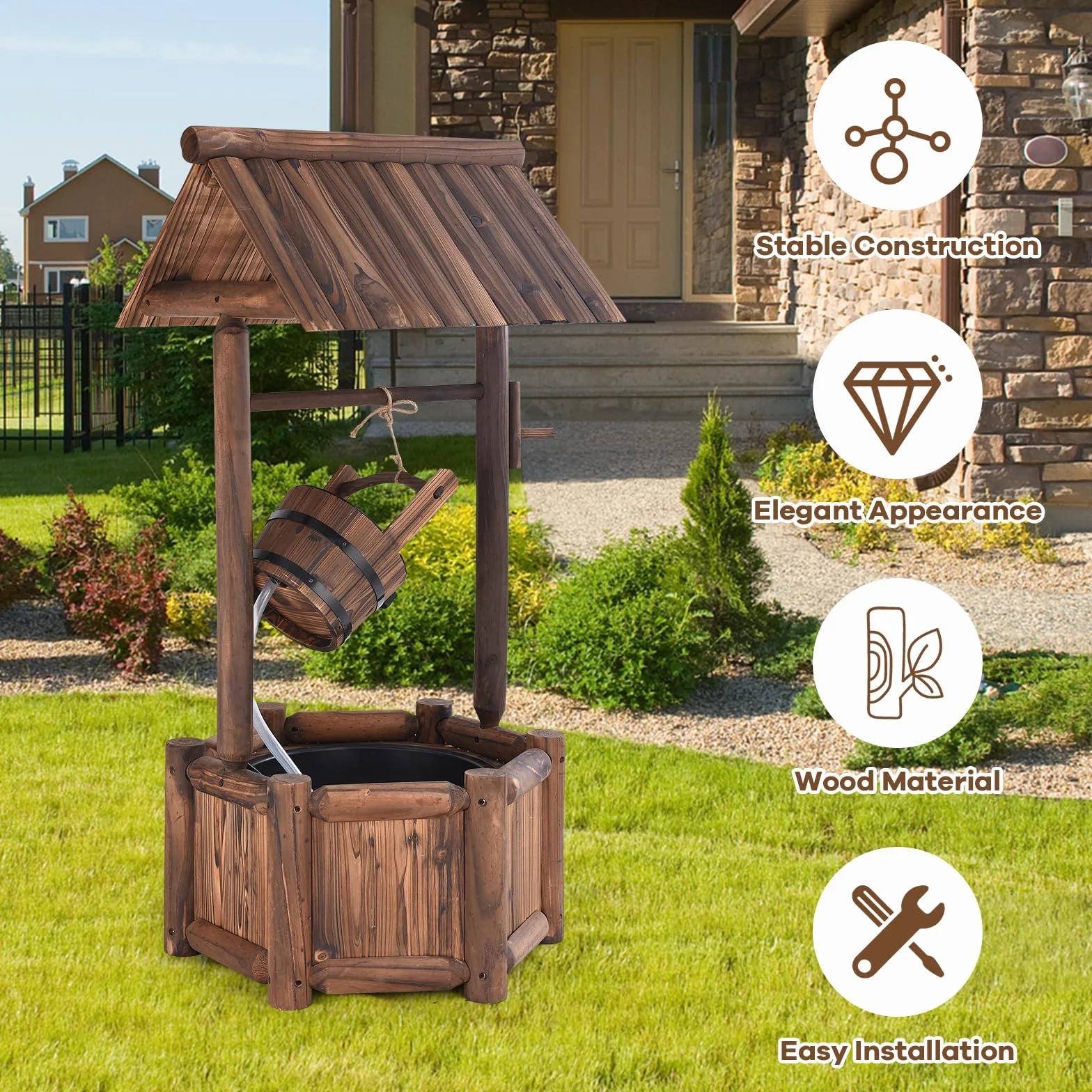 SOARS Fontaine Exterieure de Jardin 58 X 58 X 114 CM, Puit Decoration Jardin en Bois de Sapin avec Toit pour l'Extérieur, Seau Réglable en Hauteur, pour Cour, Pelouse, Jardin (58 X 58 X 114 CM)