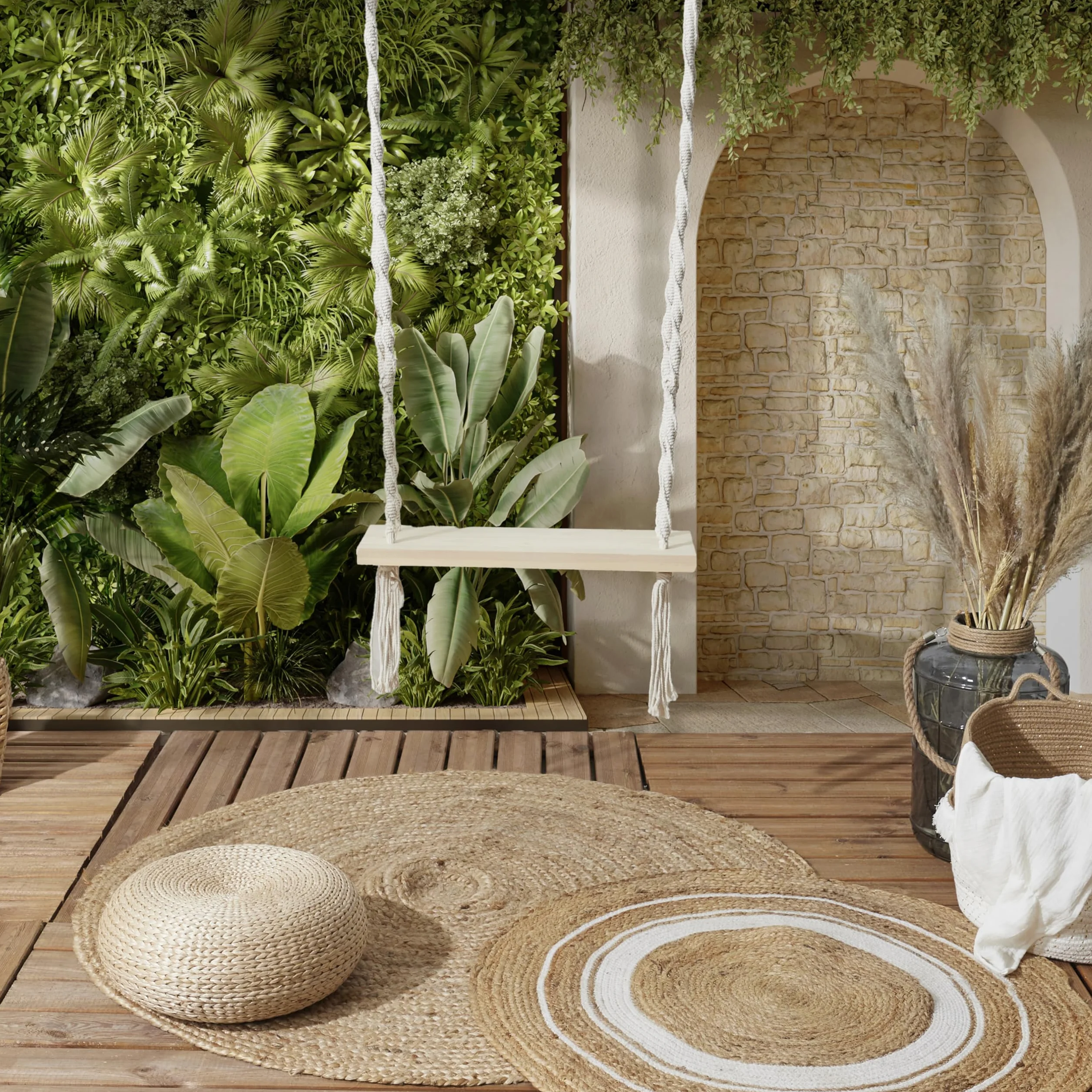Balancoire Macramé Bois M6 Fauteuil Suspendu Exterieur 60x150x20 cm Blanc