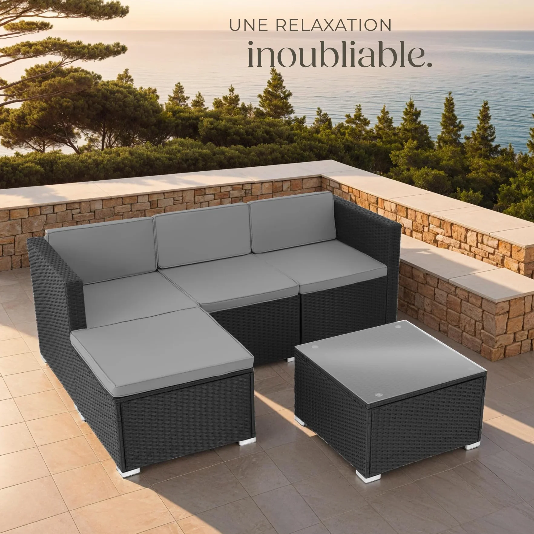 Tectake Ensemble Salon de Jardin Exterieur en Poly Rotin Modulable 4 Places 3 Fauteuils 1 Pouf 1 Table