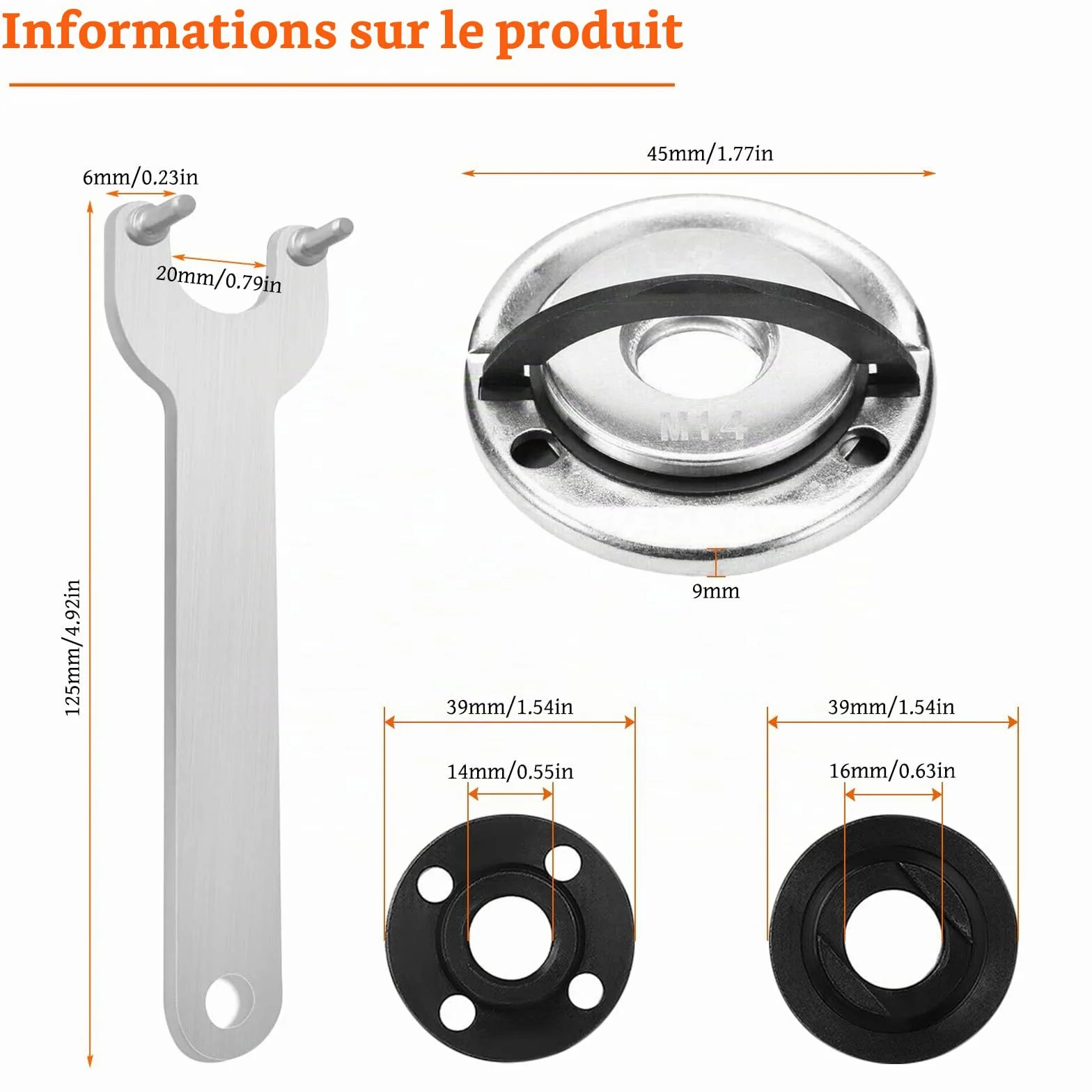 Lot de 6 accessoires pour meuleuse d'angle 125 mm, écrou de serrage rapide M14 avec clé Flex