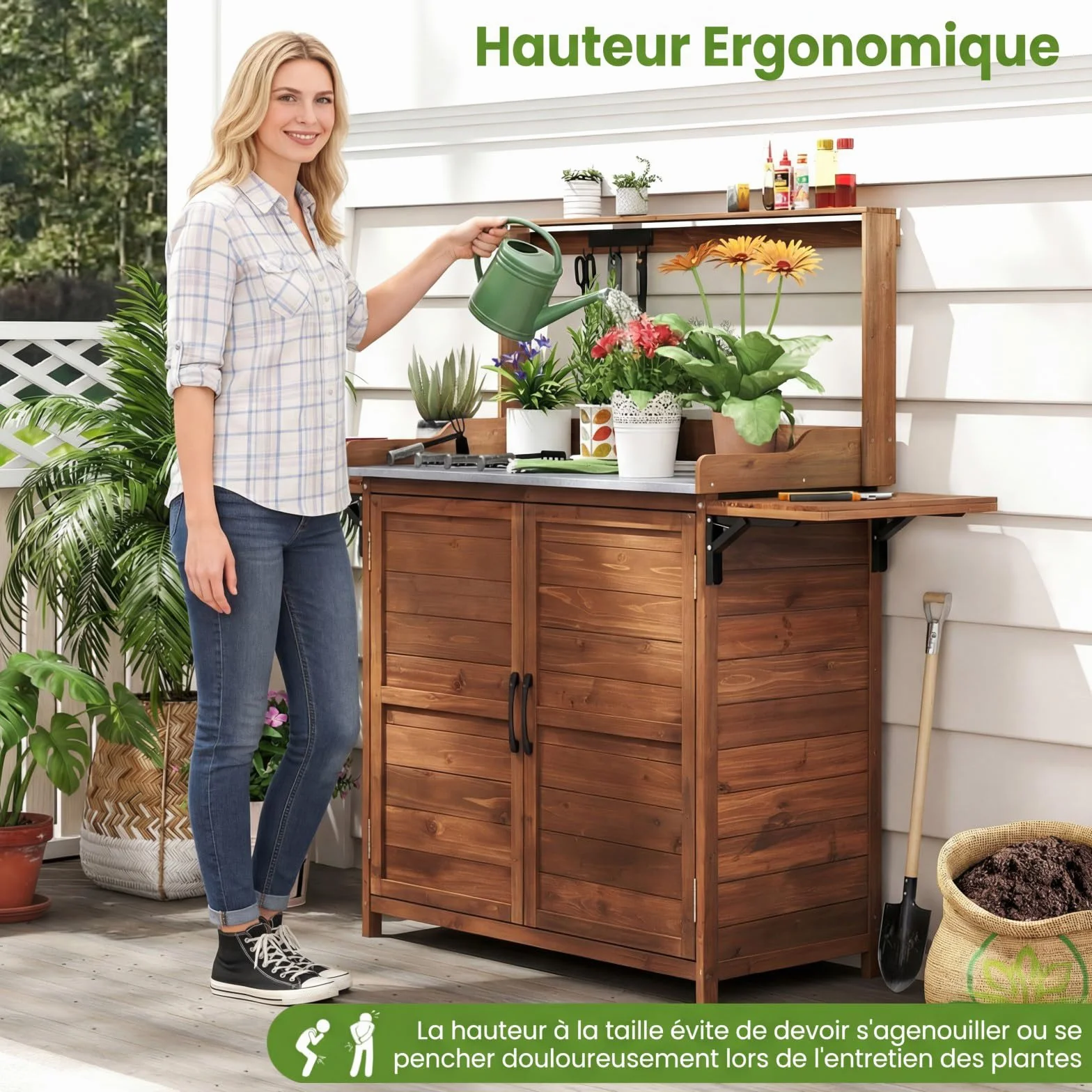 RELAX4LIFE Table de Rempotage d'Extérieur en Bois avec Armoire, Plateau Métal, Étagère 3 Niveaux