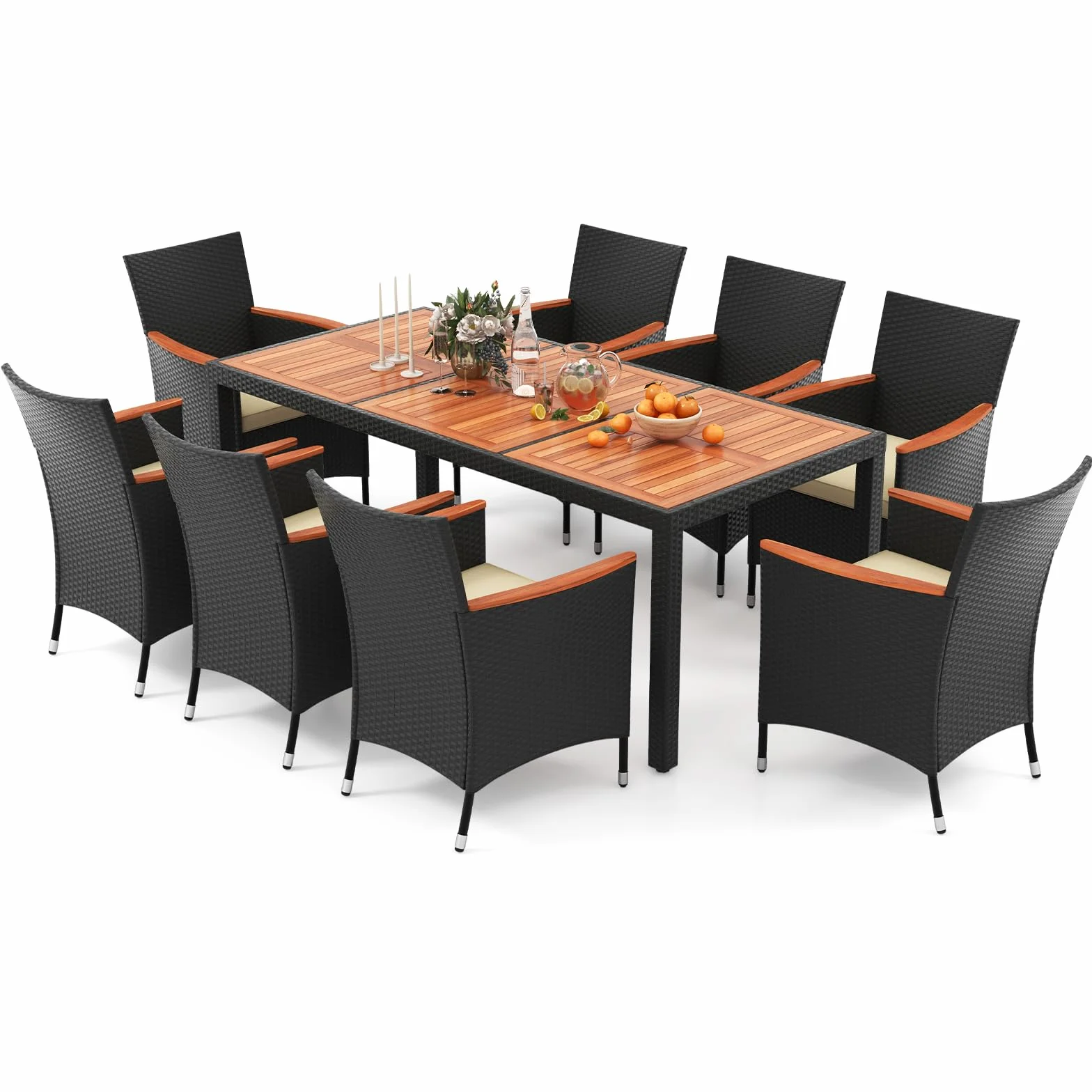 GIANTEX Salon de Jardin 8 Personnes en Rotin et Bois d'Acacia, Table de Jardin Extérieure avec 8 Chaises, Coussins, Trou de Parasol, Pieds Réglables, pour Cour, Pique-Nique, Noir