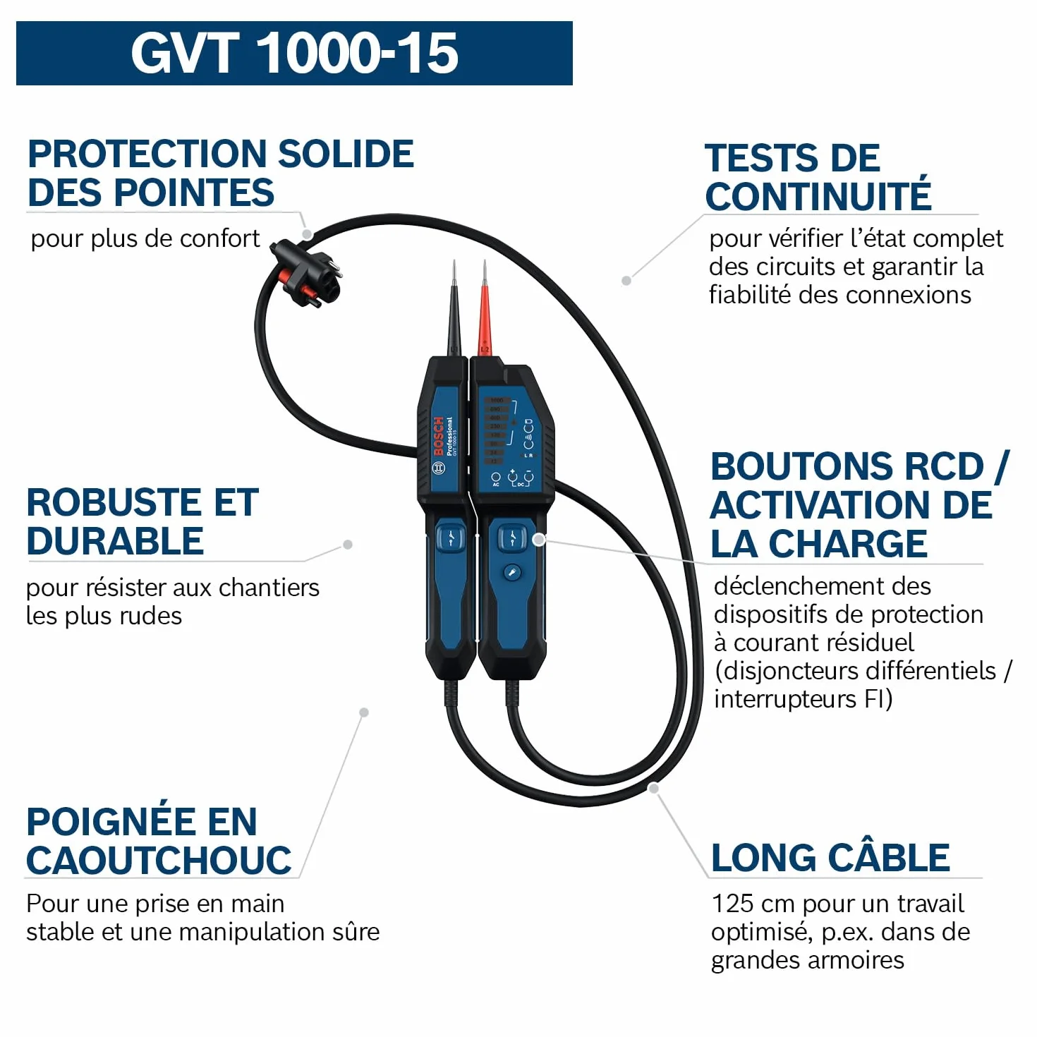Bosch Professional Testeur de tension GVT 1000-15 1000 V AC/DC LED Buzzer Vibration Lampe de poche