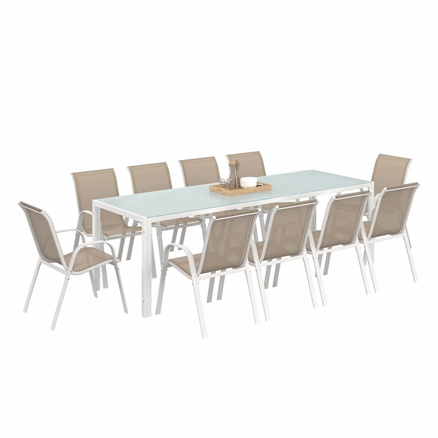 IDMarket - Salon de Jardin Madrid Table 240 CM et 10 chaises empilables Blanc et Beige
