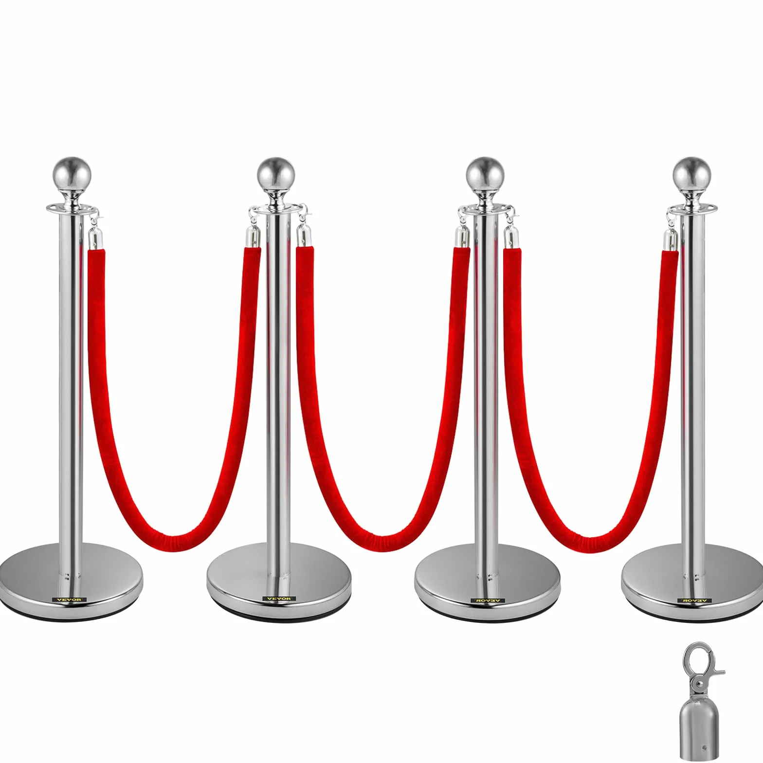 VEVOR 4 Poteaux de Guidage Séparation Argenté avec Cordes Velours Rouges 1,5 m, Barrière de Queue Hauteur 96 cm