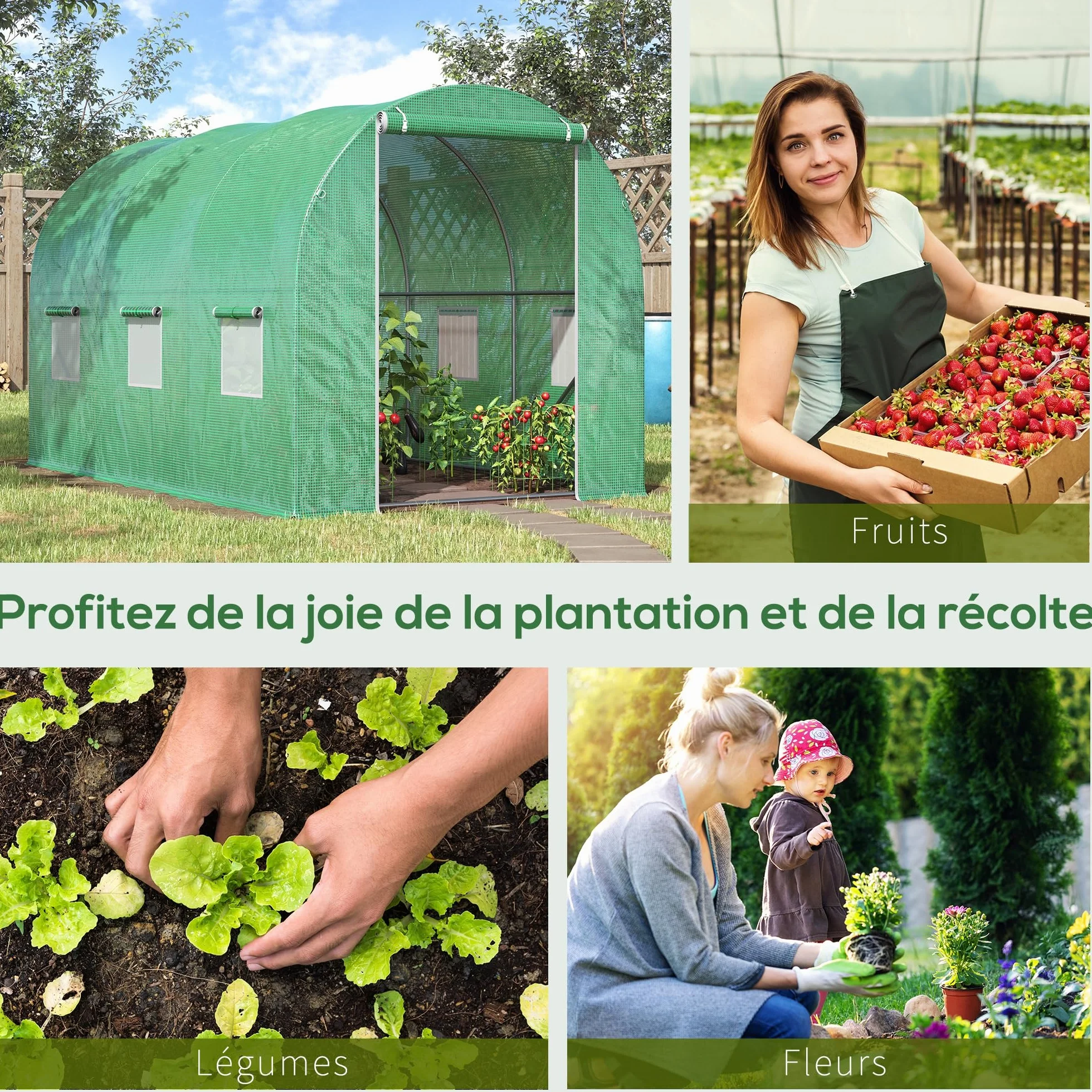 Outsunny Tunnel Serre de Jardin Surface au Sol 6 m² dim. 3 x 2 x 2 m Châssis Tubulaire renforcé Porte battante 6 fenêtres enroulables Vert